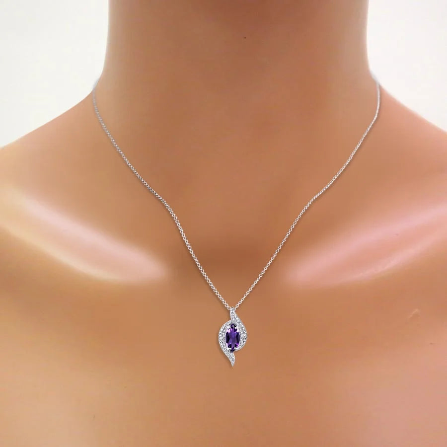 Necklace Sterling Silver 925 Designer Necklace Marquise Gemstone & Diamonds Pendant 18" Chain 10X5MM Amethyst February Birthstone Womens Jewelry Silver Necklace