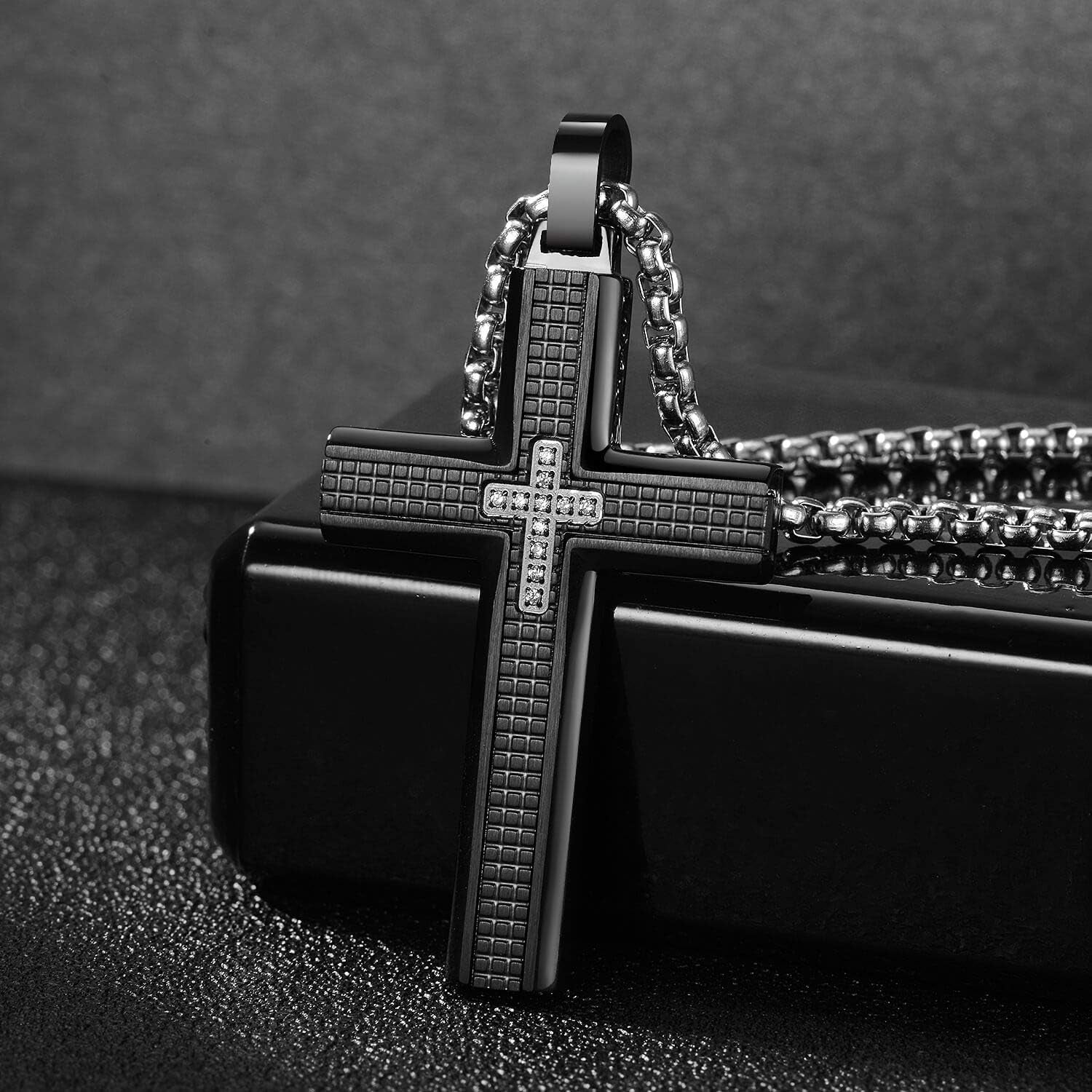 Men'S Stainless Steel Cross Necklace,Two-Tone Black & Blue Carbon Fiber Pendant - Included Gift Box