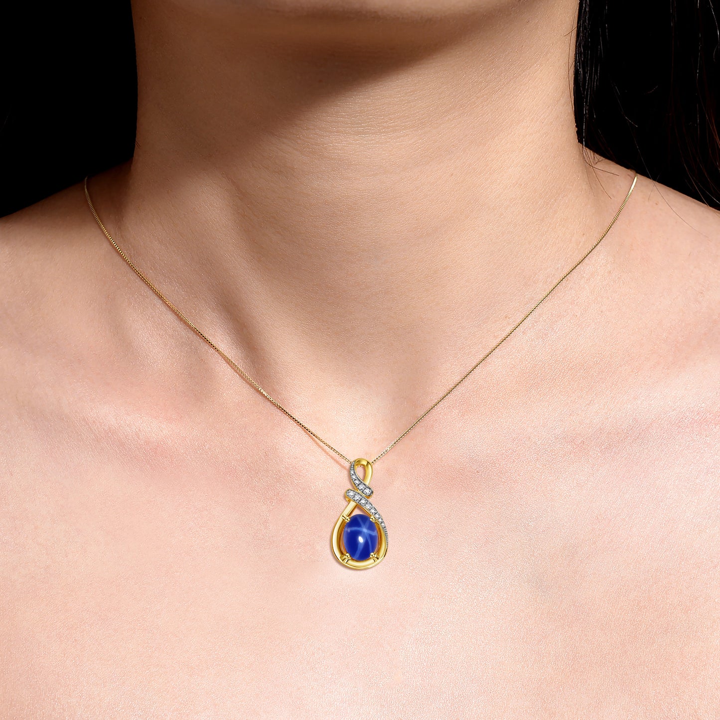 Necklace Yellow Gold Plated Silver Necklace Gemstone & Diamonds Pendant 18" Chain 9X7MM Blue Star Sapphire September Birthstone Womens Jewelry Silver Necklace