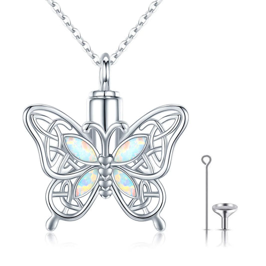 Opal Butterfly Urn Necklace for Ashes 925 Sterling Silver Celtic Knot Necklace Cremation Necklace for Ashes Keepsake Memorial Butterfly Cremation Jewelry Gifts for Women Girl