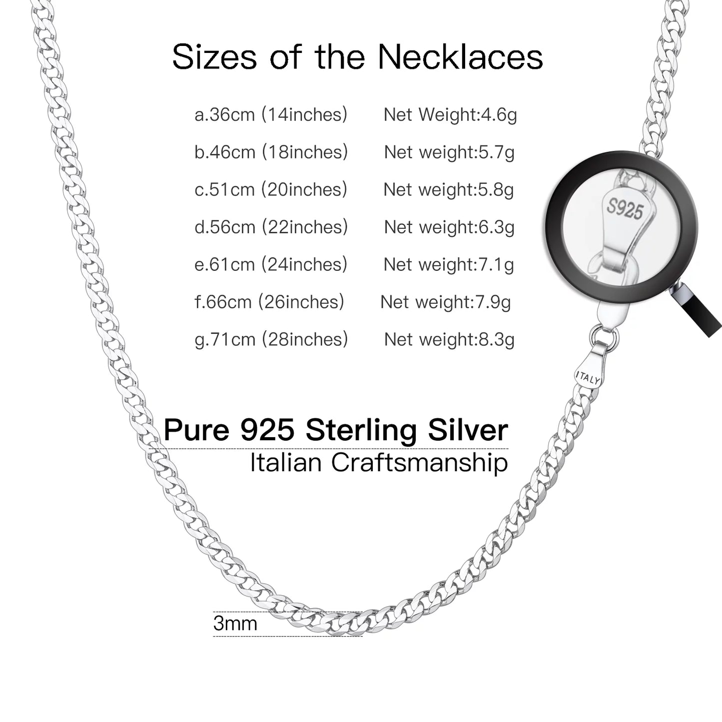 925 Sterling Silver Necklace, 3Mm Flat Curb Cuban Link Chain for Men Women