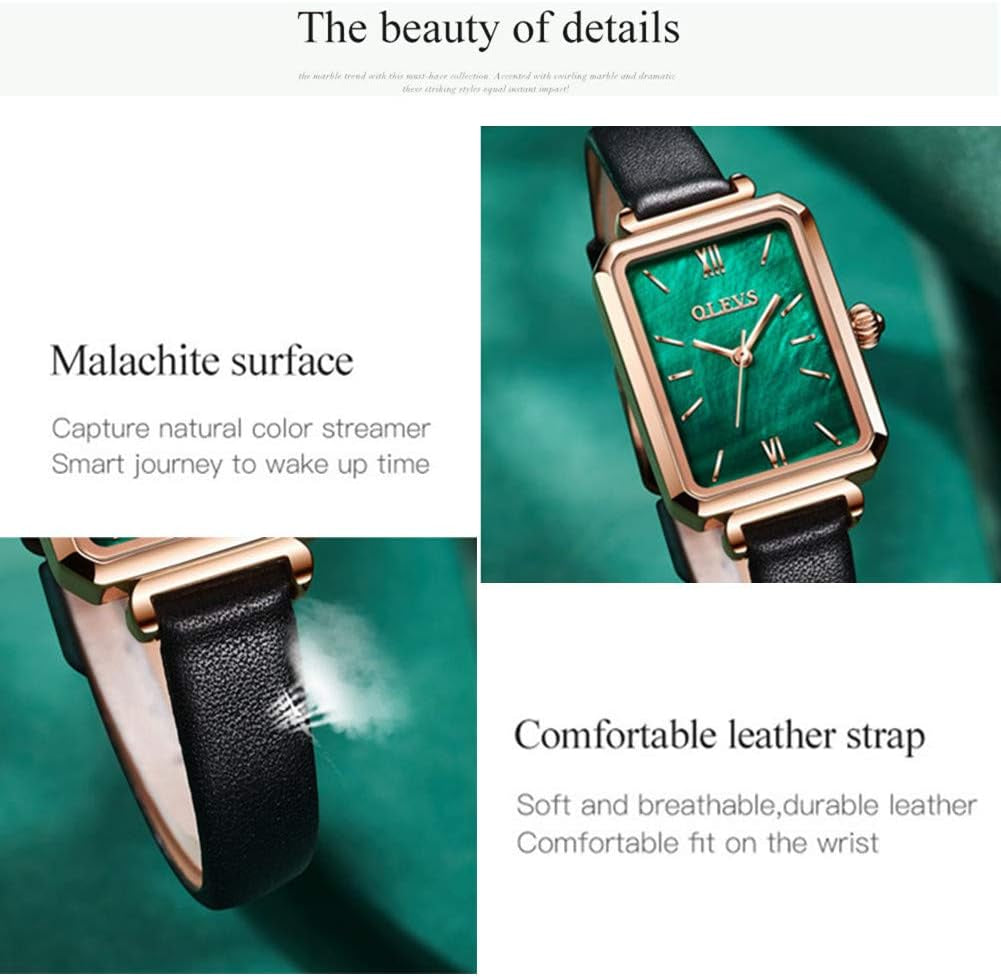 Fashion Square Leather Black Watches for Women Green Stone Square Retro Watch Ladies Gold Analog Quartz Watches for Women Classic Green Face Womens Watch