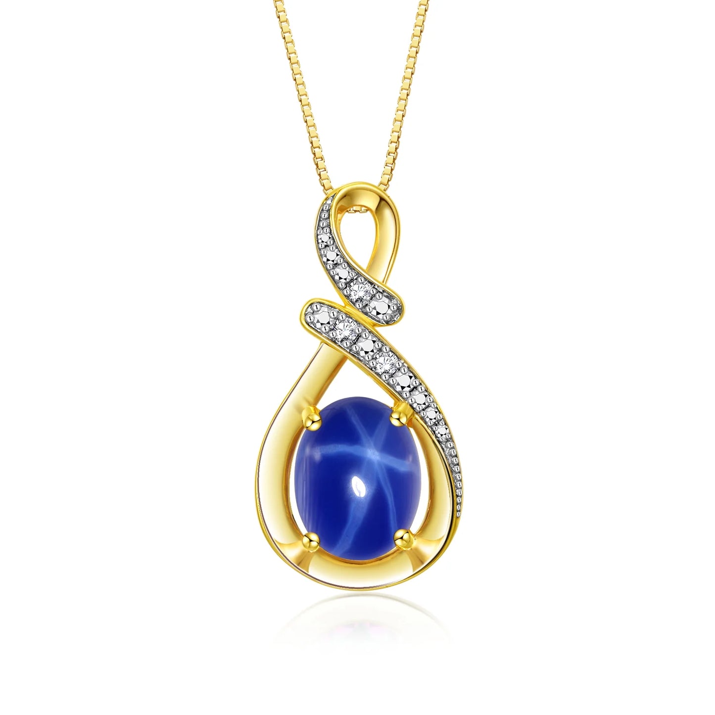 Necklace Yellow Gold Plated Silver Necklace Gemstone & Diamonds Pendant 18" Chain 9X7MM Blue Star Sapphire September Birthstone Womens Jewelry Silver Necklace