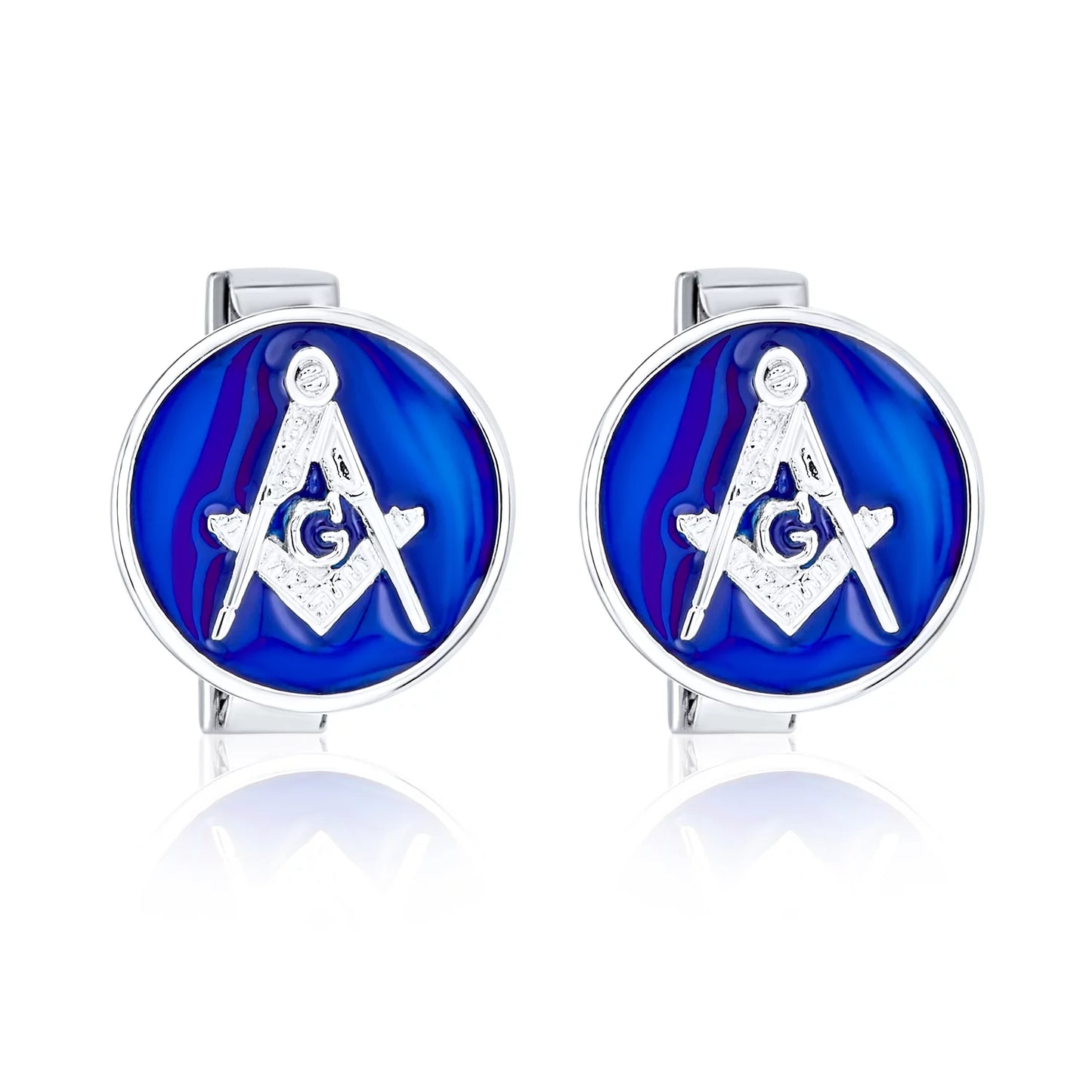 Mens round Circle Disc Freemasons Compass Symbol Shirt Cufflink Royal Blue Enamel