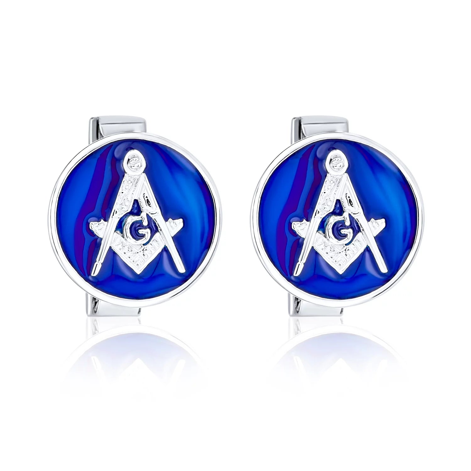 Mens round Circle Disc Freemasons Compass Symbol Shirt Cufflink Royal Blue Enamel