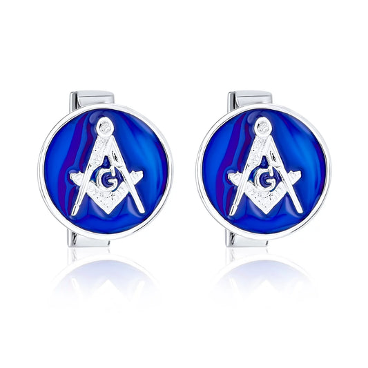 Mens round Circle Disc Freemasons Compass Symbol Shirt Cufflink Royal Blue Enamel