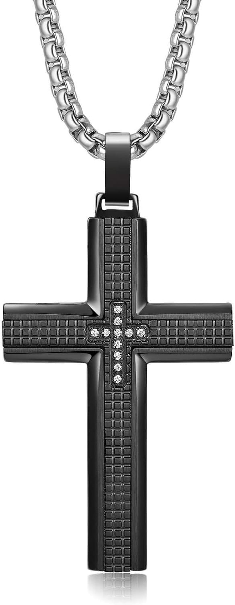 Men'S Stainless Steel Cross Necklace,Two-Tone Black & Blue Carbon Fiber Pendant - Included Gift Box