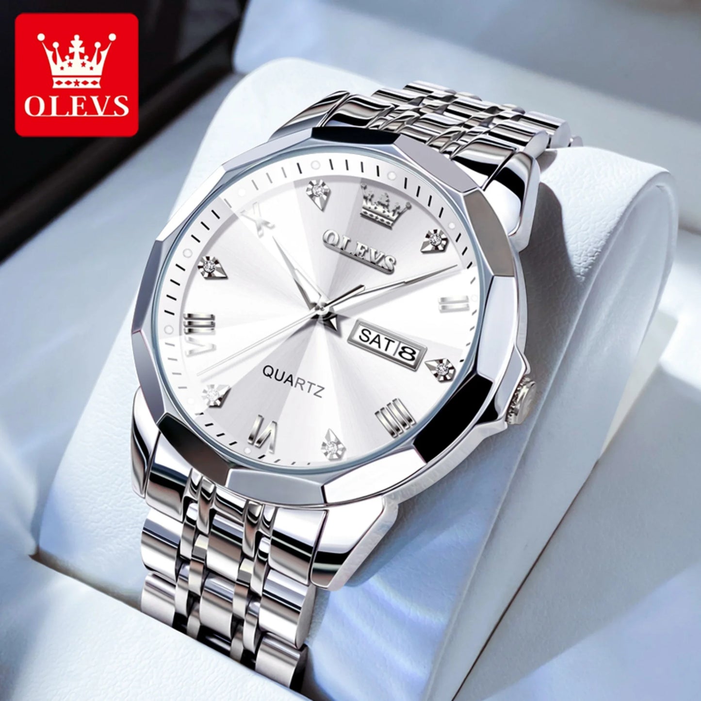 Silver Watch for Men Diamond Luxury Casual Stainless Steel Date Quartz Watch Waterproof Reloj Para Hombre , Gifts for Men, Adult Male Wristwatch