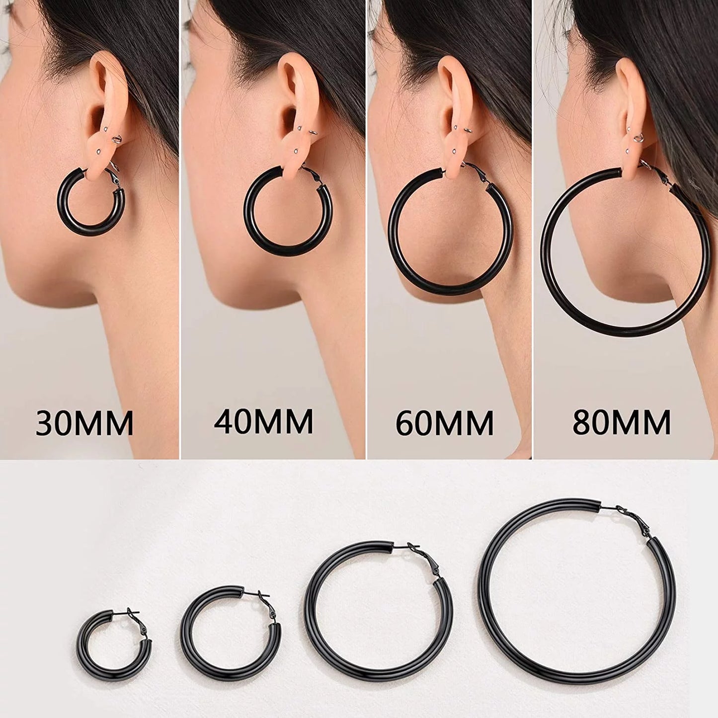 Small 40Mm Black Tube Hoop Earrings Women Girls with Sterling Silver Post