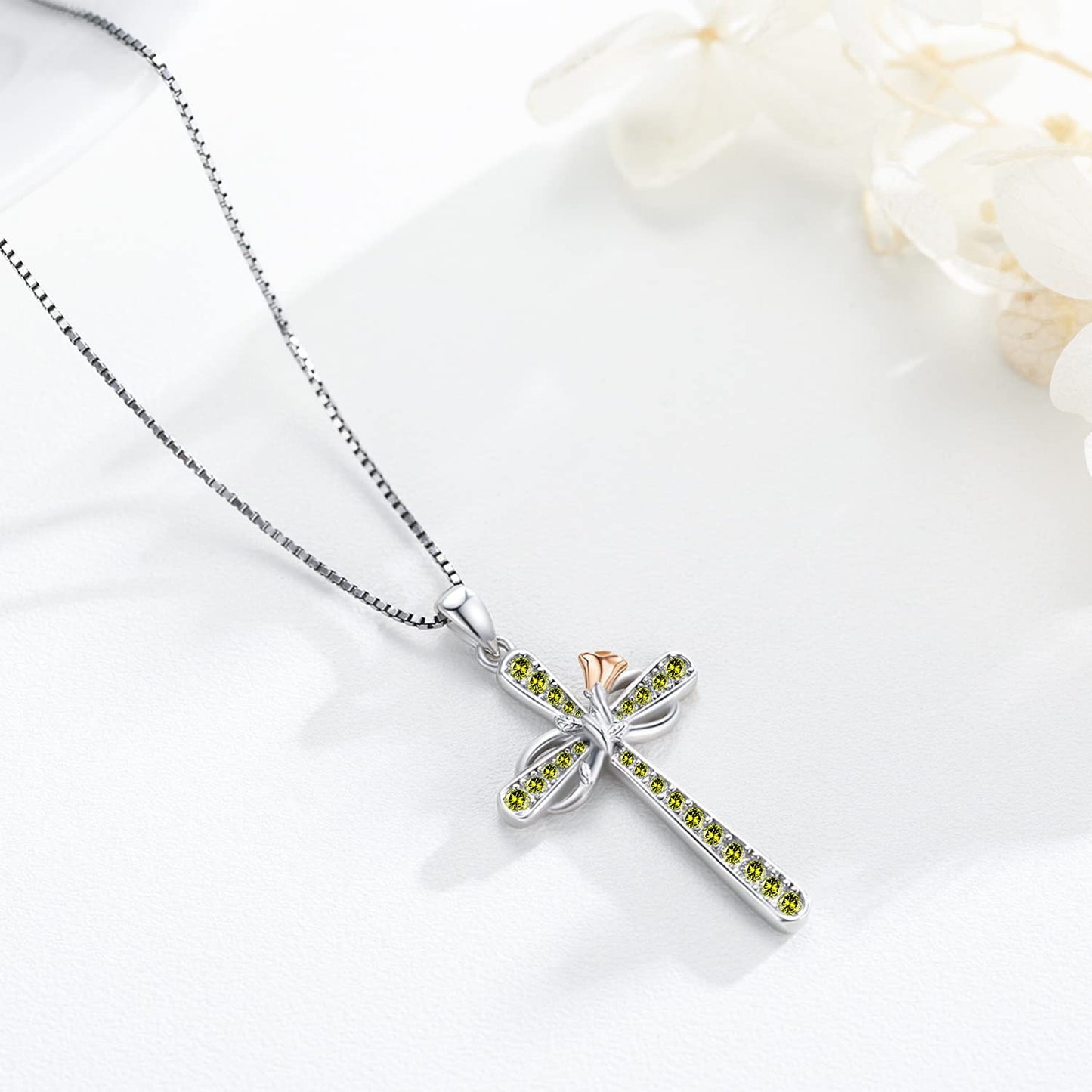 Cross Necklace for Women Sterling Silver Birthstone Pendant Necklace Rose Flower Infinity Cross Necklace Christian Religious Jewelry Birthday Gifts for Women Girls Daughter Friends