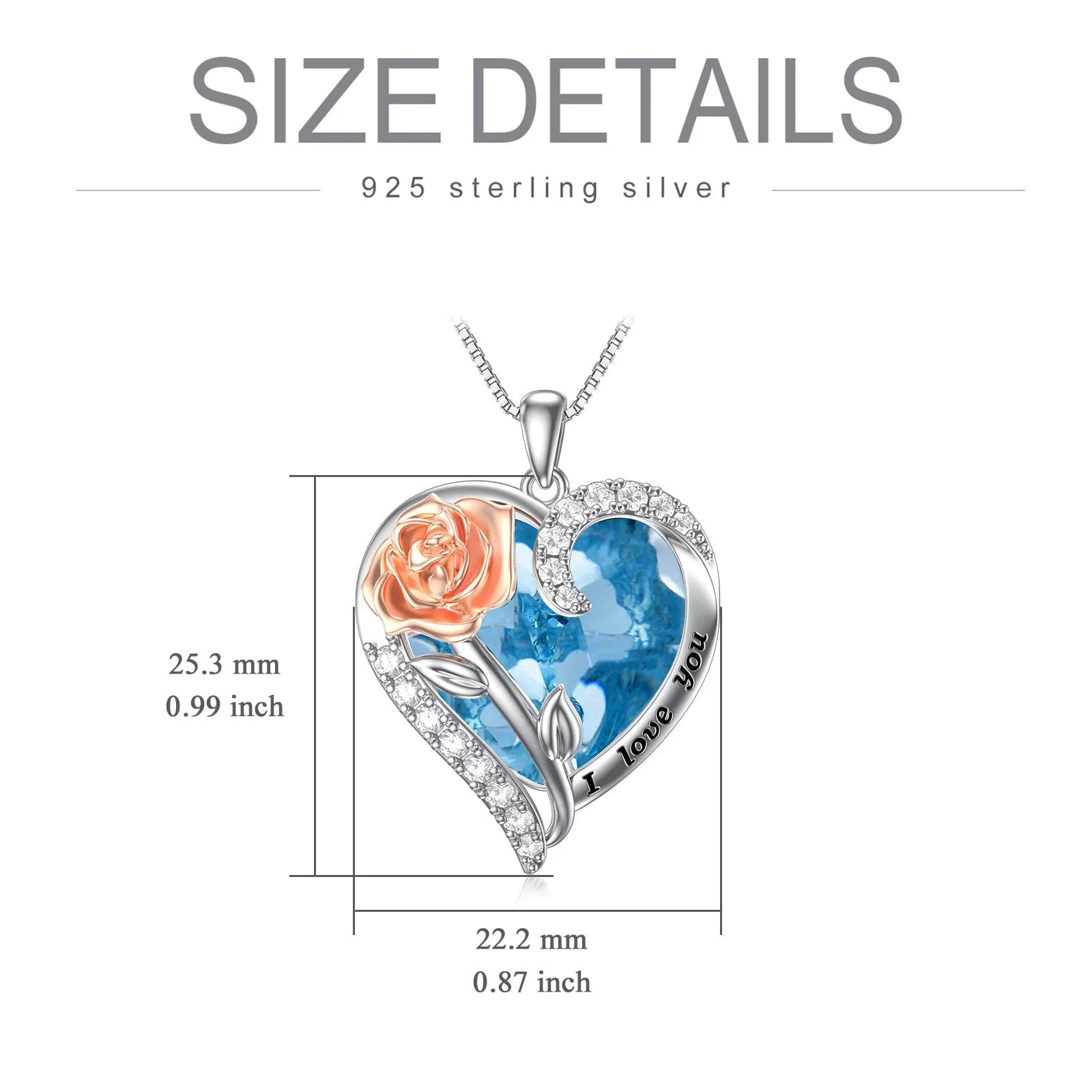 Christmas Gifts for Women Sterling Silver Rose Flower Pendant Necklaces with Heart Crystal March Birthstone Necklace Pendant Jewelry Girls Christmas Gifts,Created Aquamarine