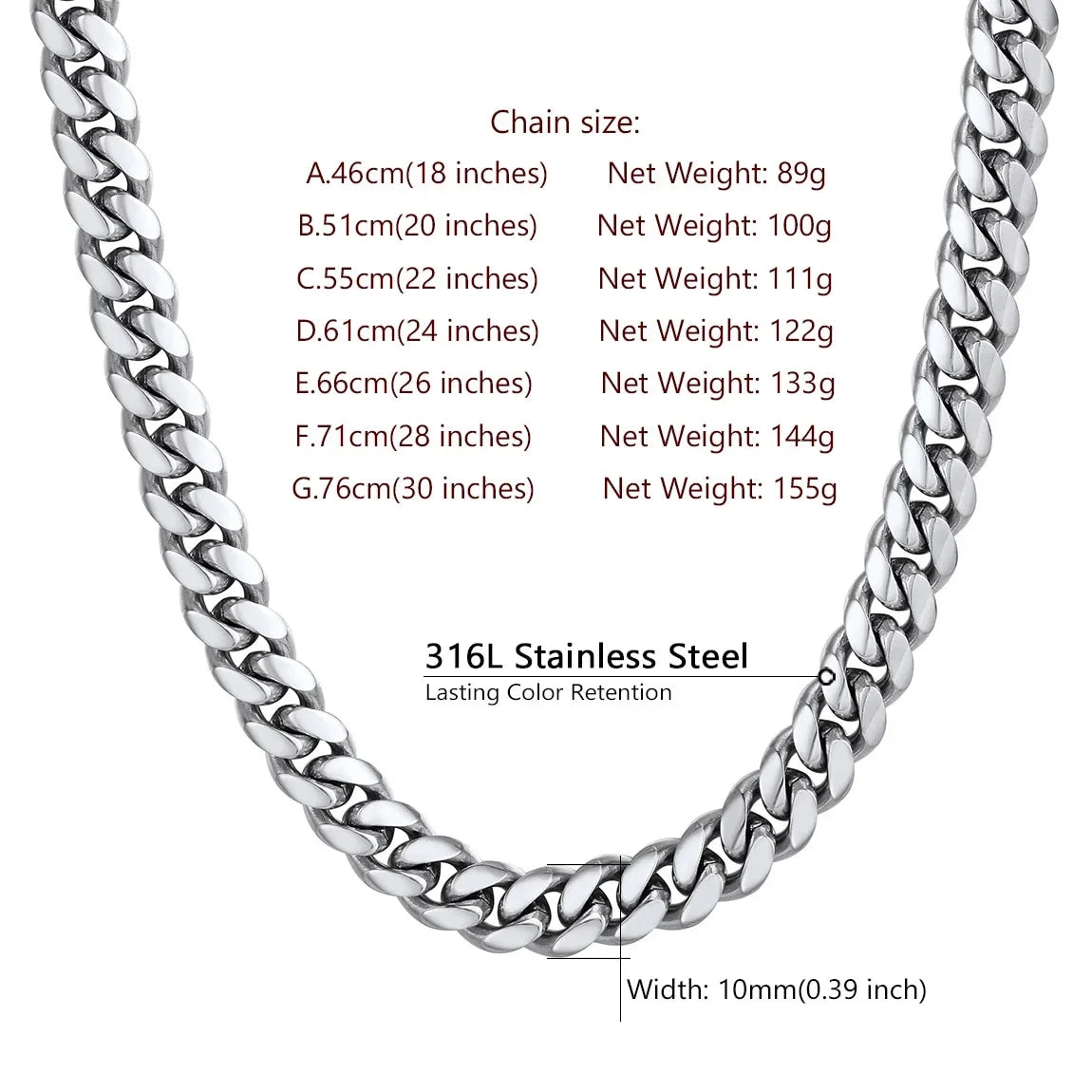 Hip Hop Men Necklaces Curb Cuban Chains 20Inch 10Mm Stainless Steel Chains Gift for Mens