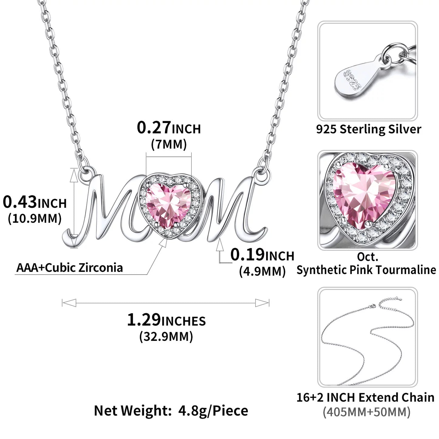 October Created Tourmaline Birthstone Heart Necklace for Mom Grandma, Shiny CZ Sterling Silver Pendant Necklace Birthday Christmas Gifts