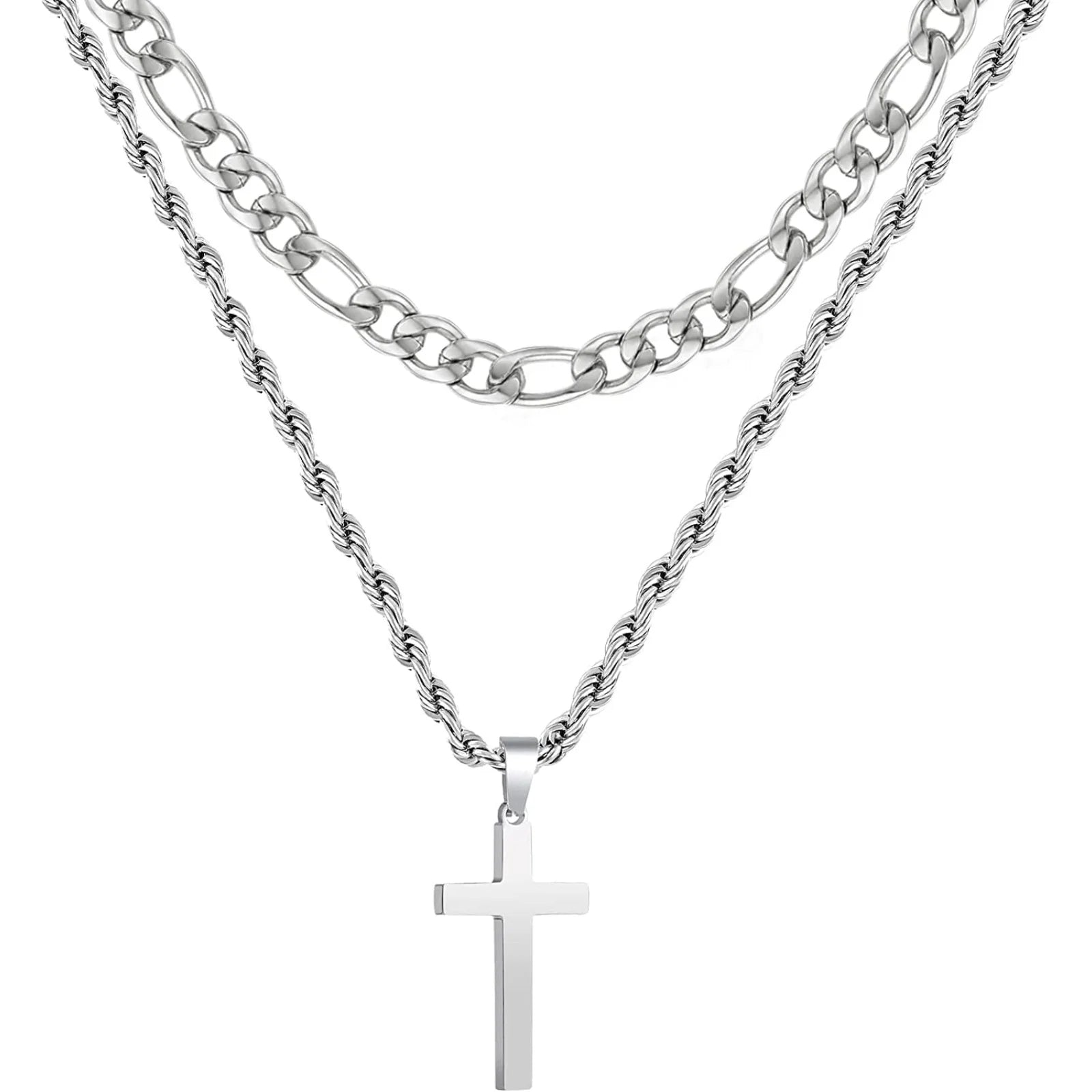 Layered Silver Cross Necklace for Men Boys Stainless Steel Layered Figaro Twist Rope Chains Cross Pendant Necklaces Set Christian Religious Gifts