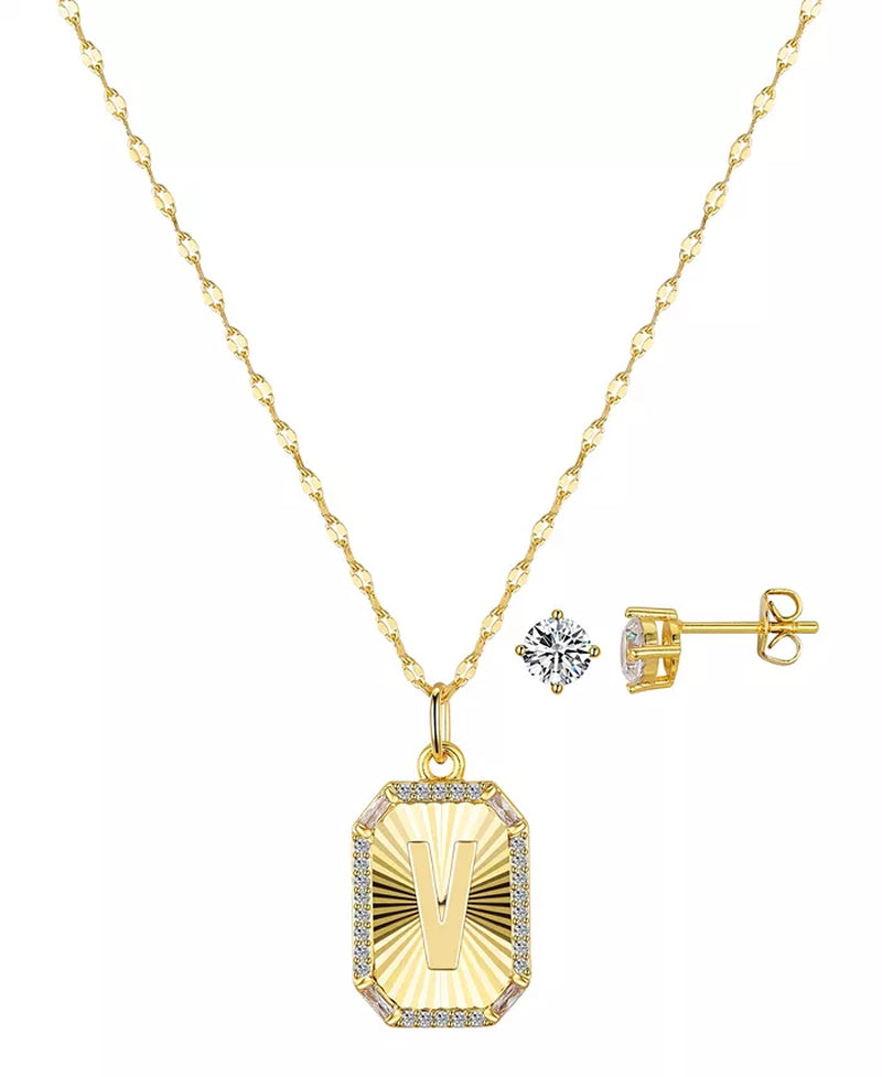 Cubic Zirconia Initial Pendant Necklace and Stud Earring Set