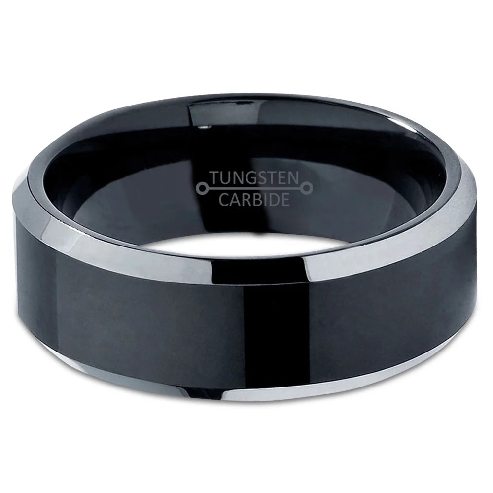 Tungsten Wedding Band Ring 8Mm for Men Women Comfort Fit Black Beveled Edge Polished Brushed Lifetime Guarantee Size 4