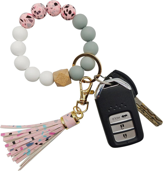 Silicone Keychain Bracelet for Women Beaded Keyring Wristlet House Car Keys Ring Holder with Gift Box