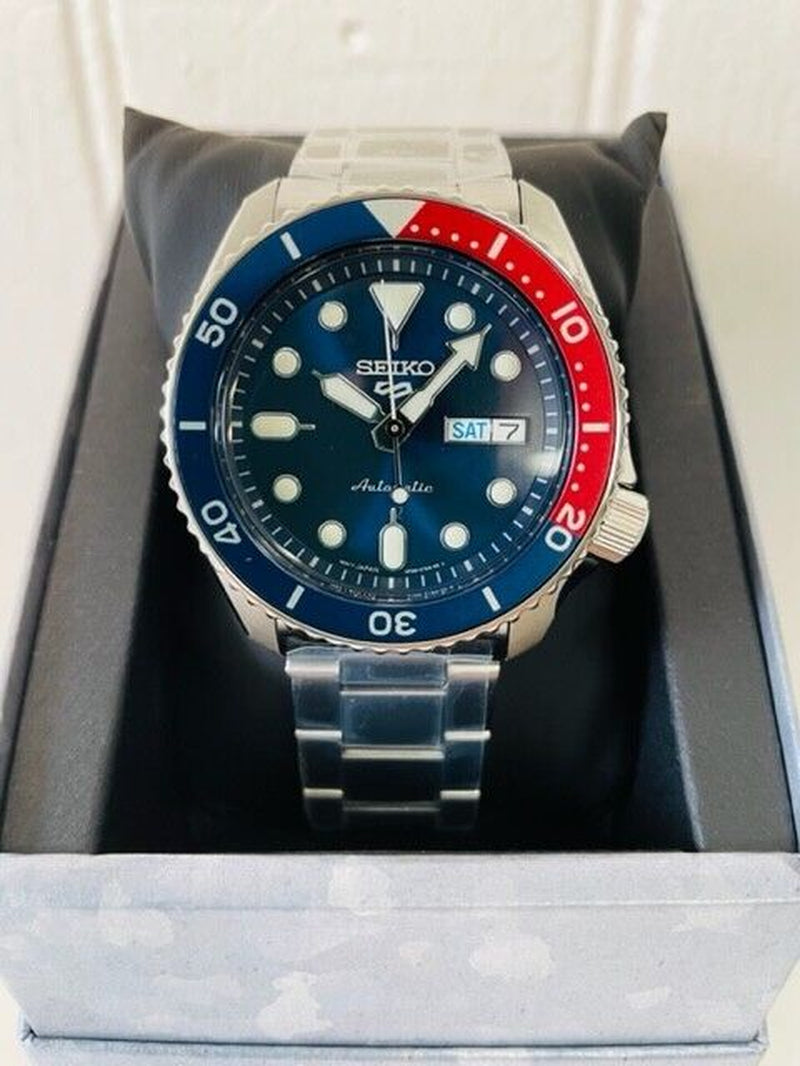 SEIKO 5 SRPD53 Mens Blue Dial Blue/Red Bezel Metal Day/Date Automatic Watch $325