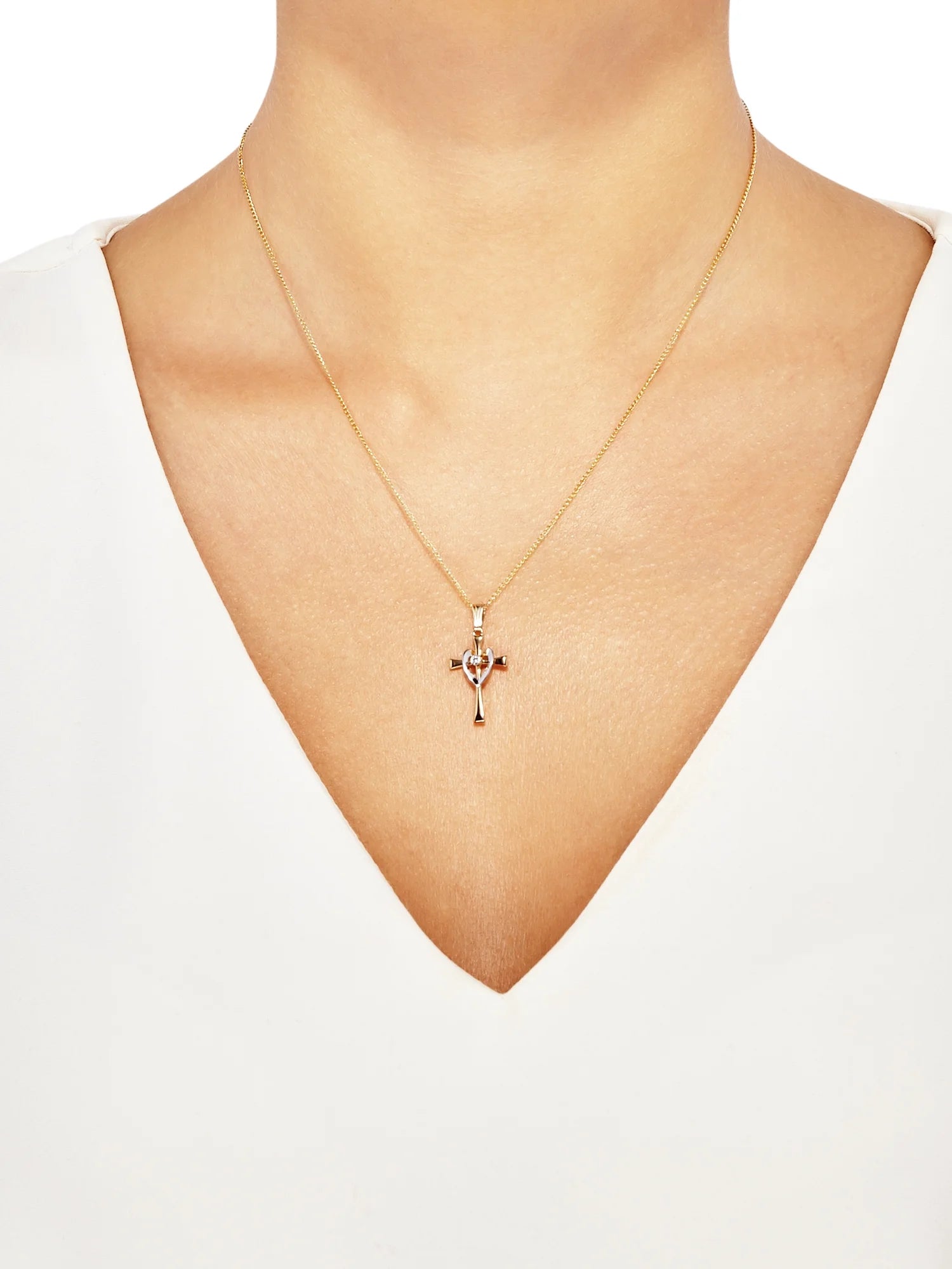 Cubic Zirconia Cross with Heart Pendant in Gold-Filled,18"