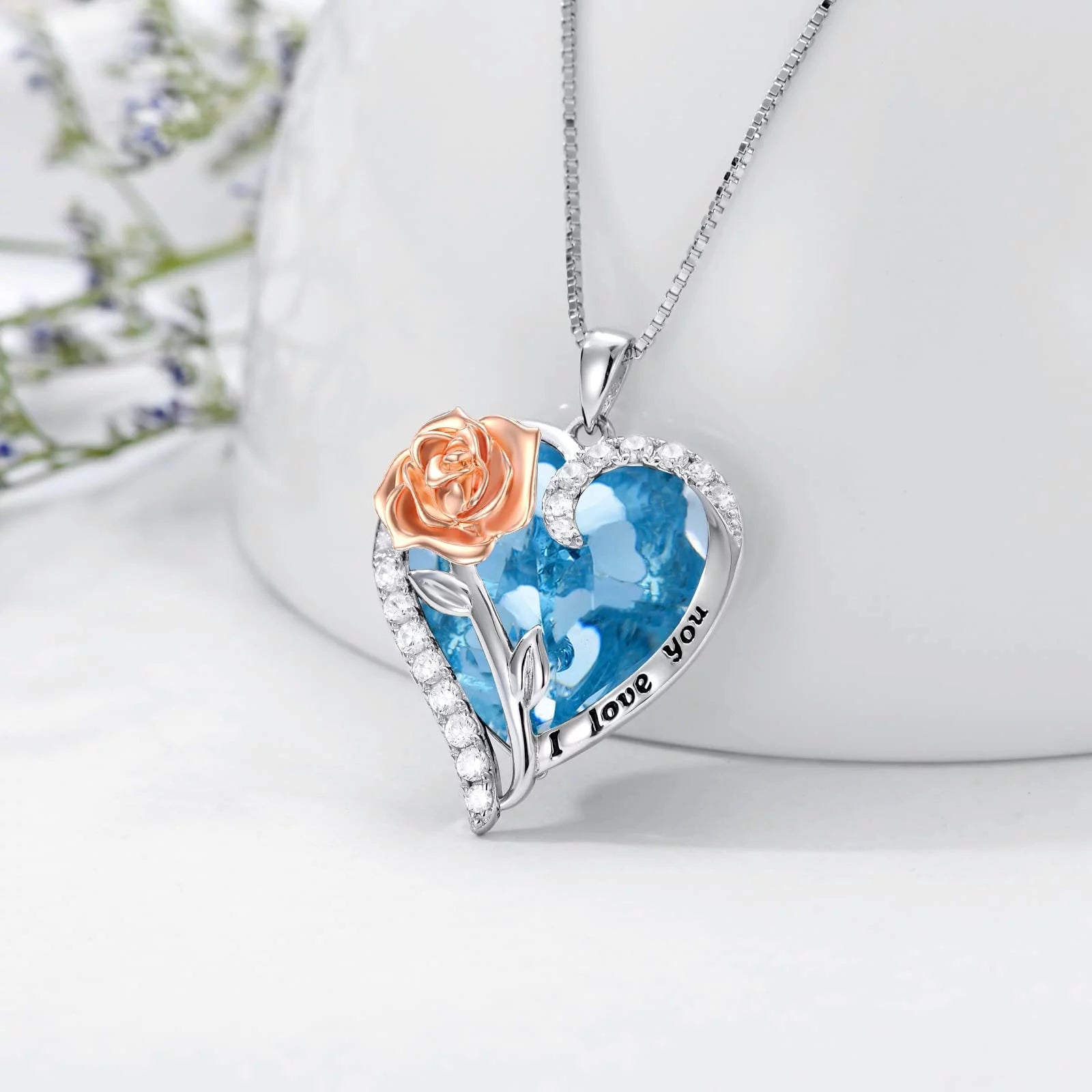 Christmas Gifts for Women Sterling Silver Rose Flower Pendant Necklaces with Heart Crystal March Birthstone Necklace Pendant Jewelry Girls Christmas Gifts,Created Aquamarine