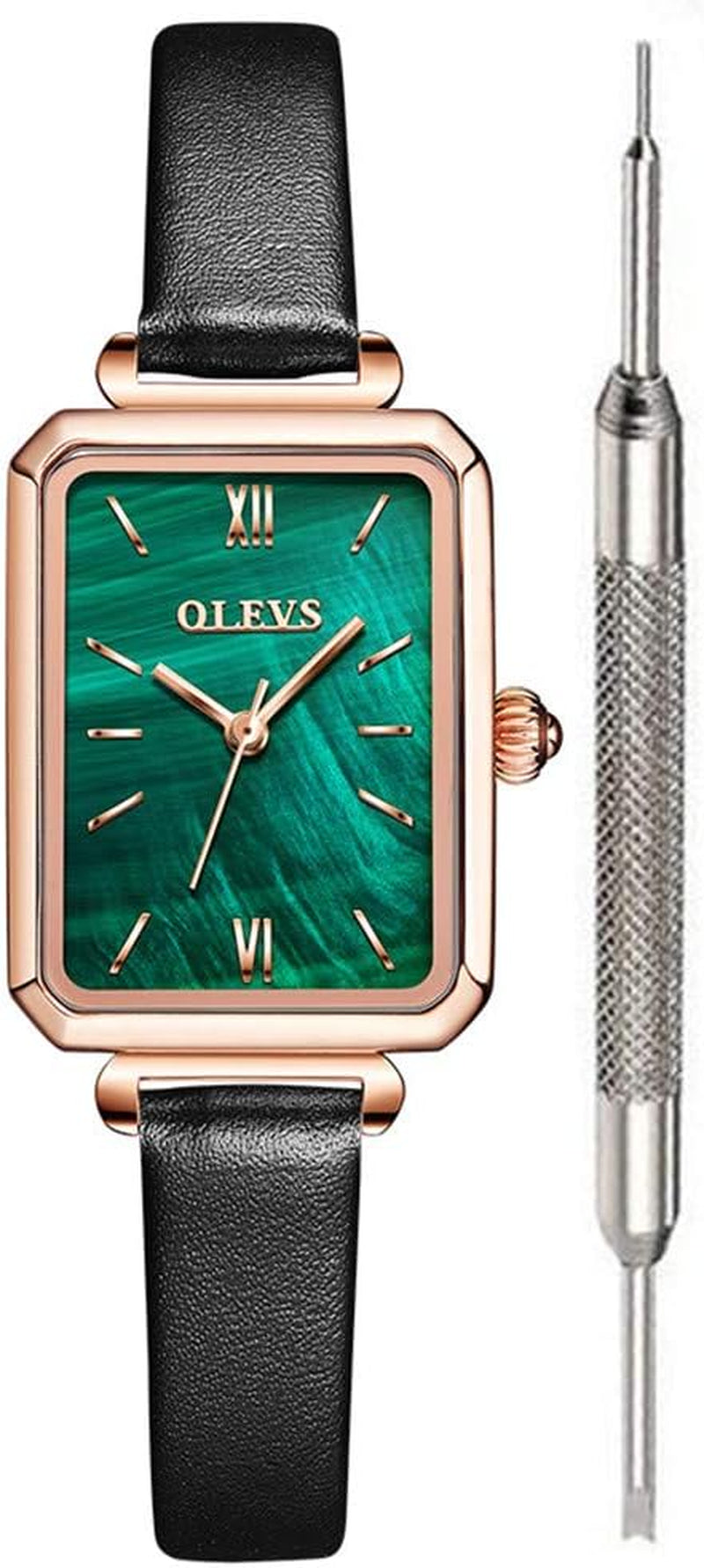 Fashion Square Leather Black Watches for Women Green Stone Square Retro Watch Ladies Gold Analog Quartz Watches for Women Classic Green Face Womens Watch