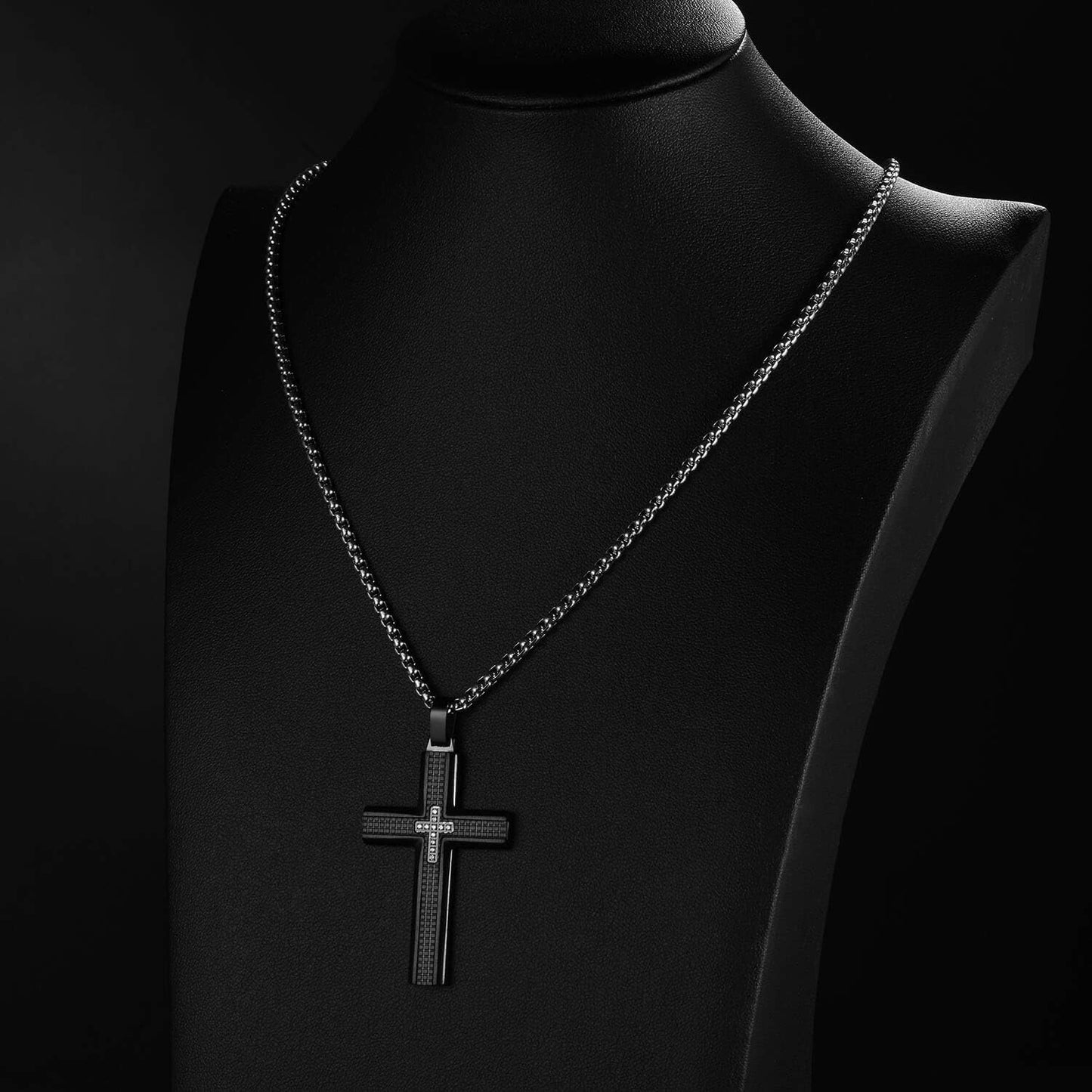 Men'S Stainless Steel Cross Necklace,Two-Tone Black & Blue Carbon Fiber Pendant - Included Gift Box