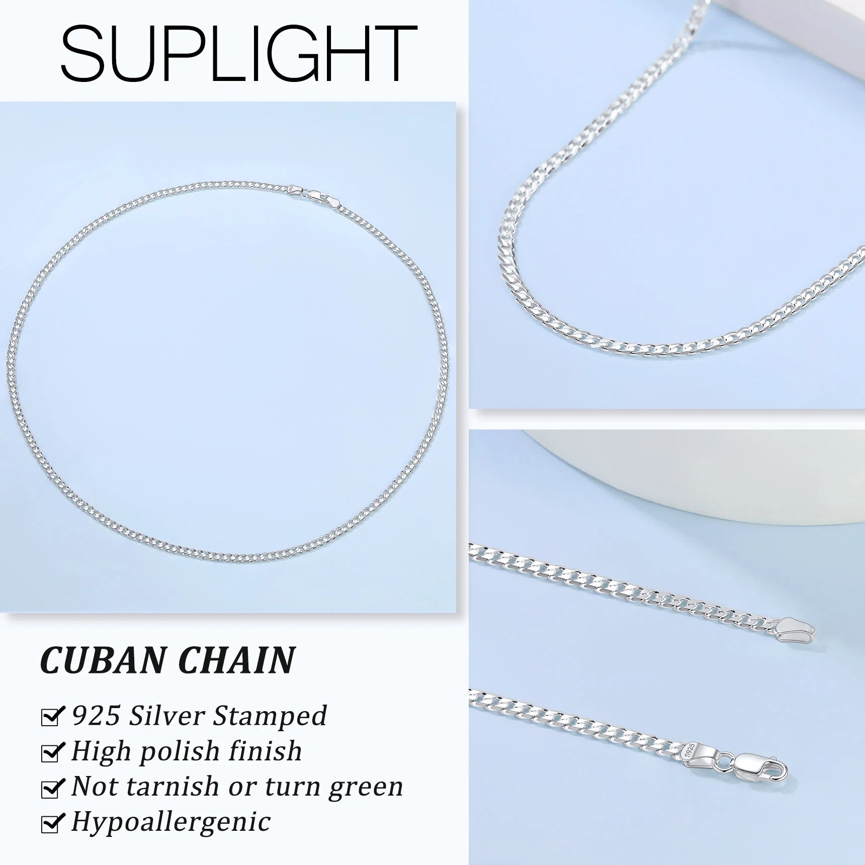 925 Sterling Silver Necklace, 3Mm Flat Curb Cuban Link Chain for Men Women