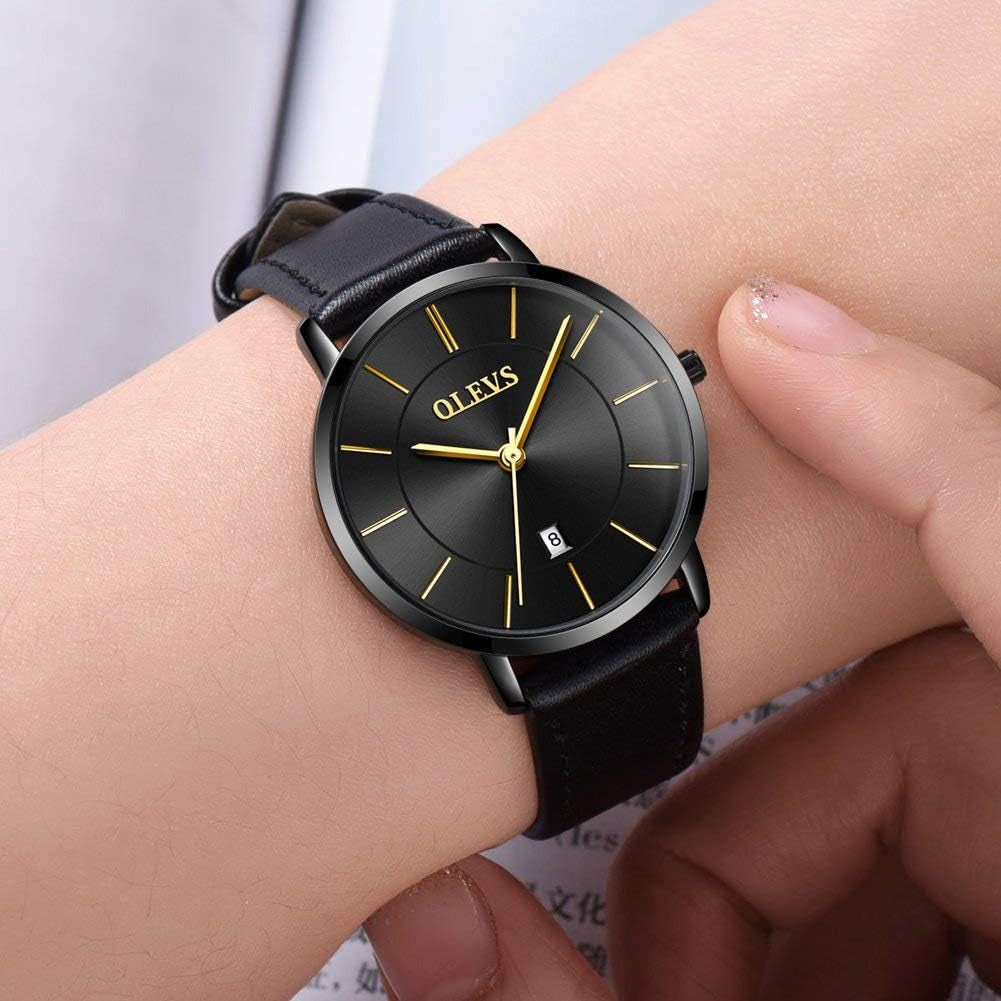 Watches for Women Waterproof Wristwatches Analog Quartz Ultra Thin Black Watches Leather Strap Watches with Date Calendar Watches,Gifts for Women