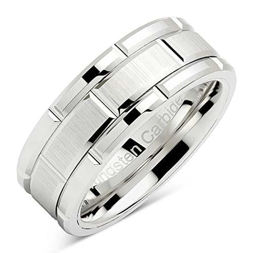 Tungsten Rings for Men Wedding Band White Gold Brick Pattern Rhodium Plated Size 6-16 (Tungsten, 12)