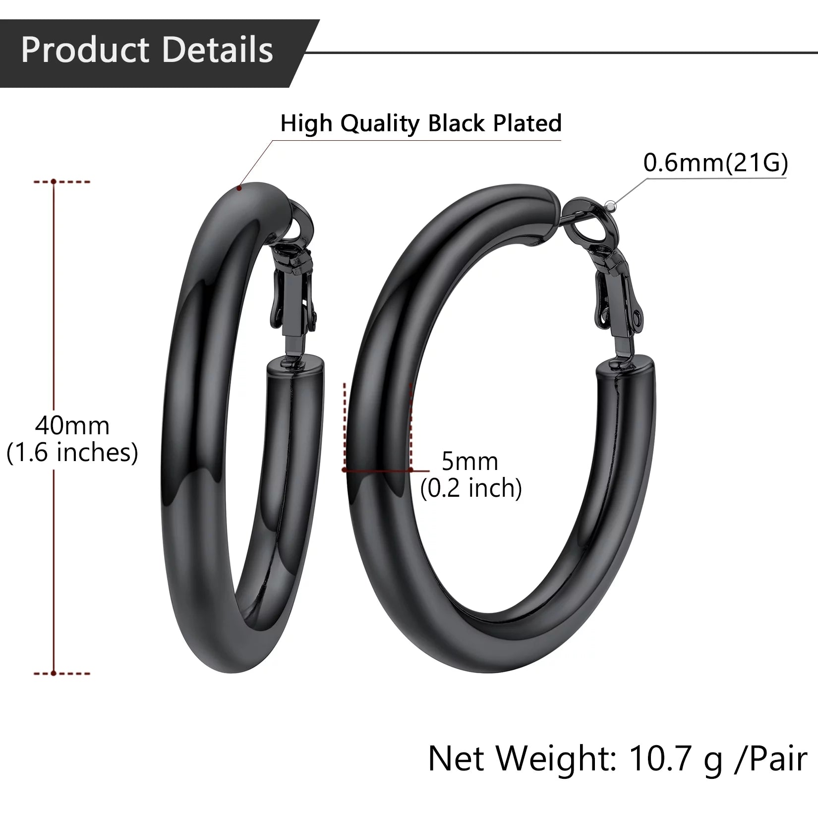 Small 40Mm Black Tube Hoop Earrings Women Girls with Sterling Silver Post