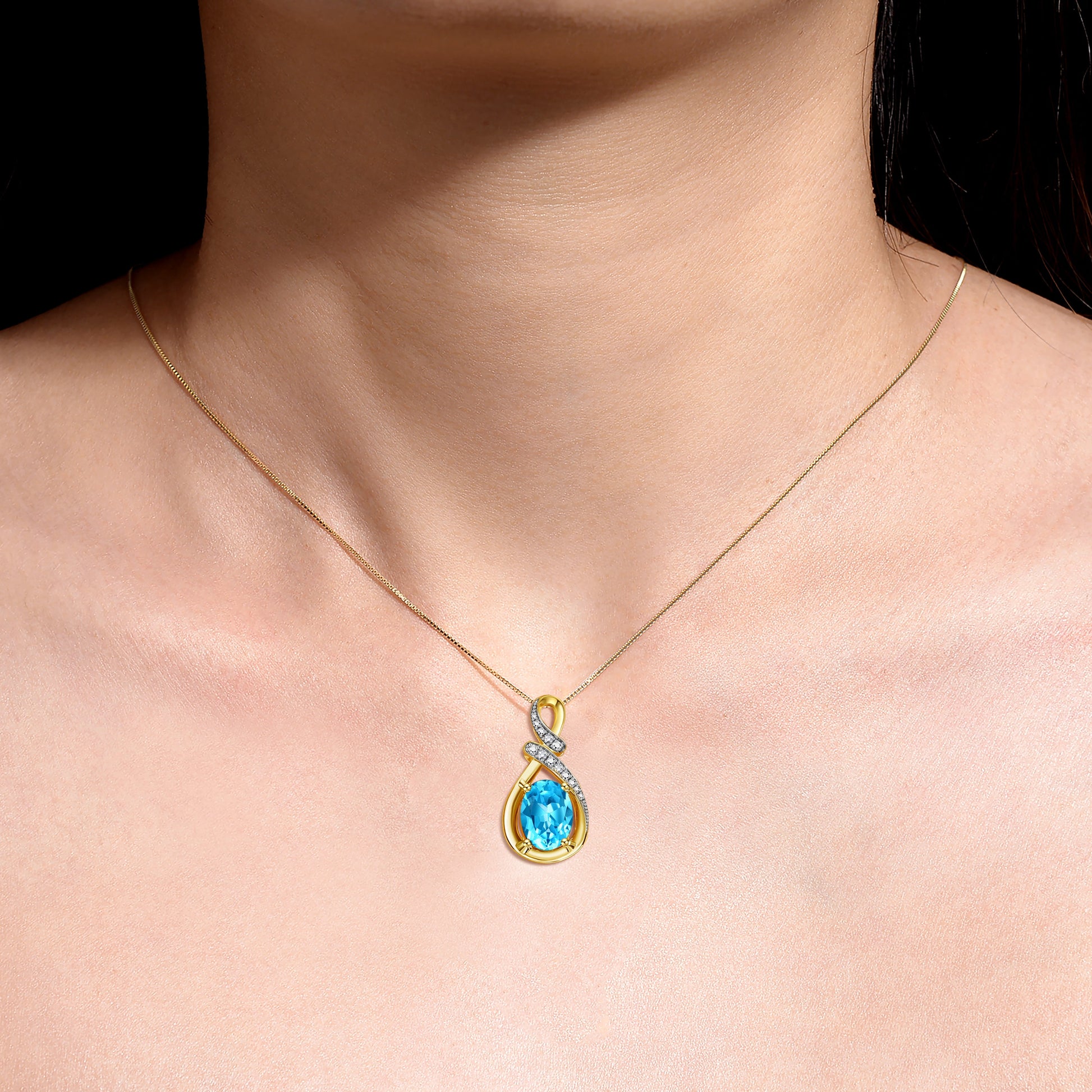 Necklace Yellow Gold Plated Silver Designer Necklace Gemstone & Diamonds Pendant 18" Chain 9X7MM Blue Topaz December Birthstone Womens Jewelry Silver Necklace