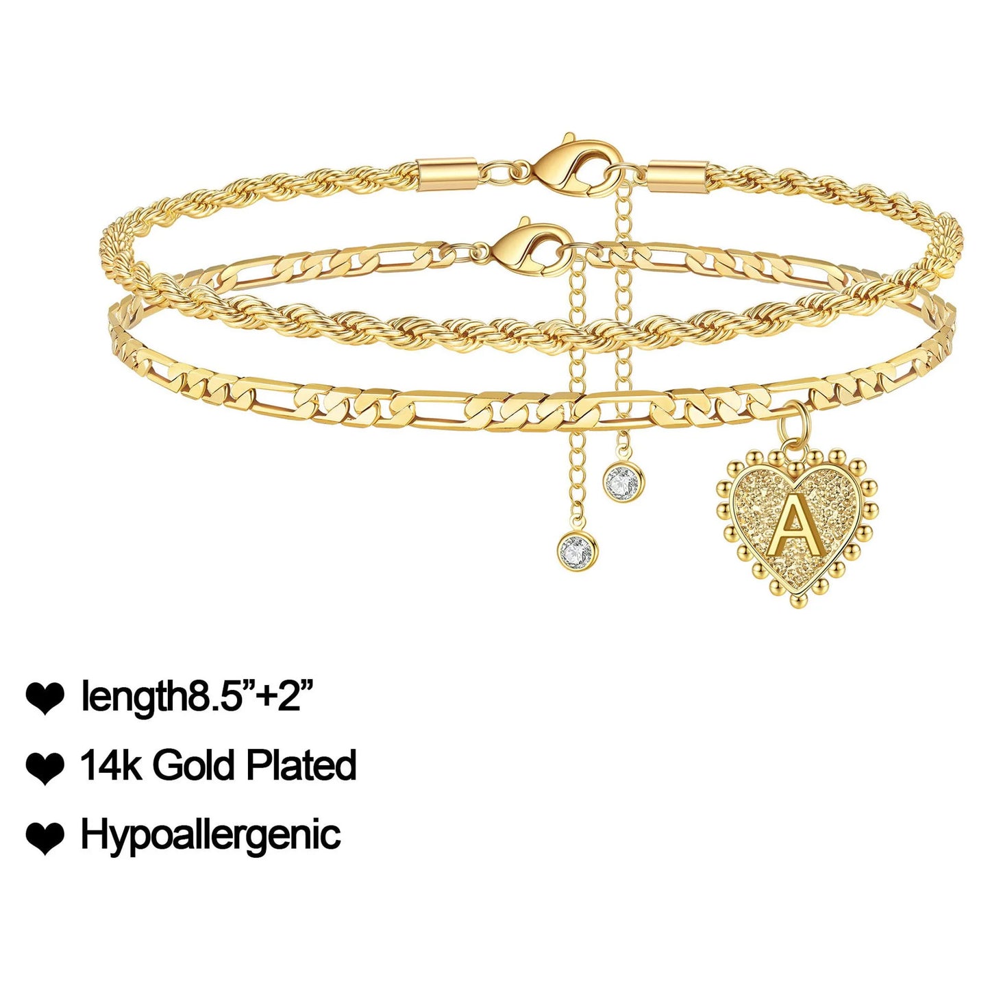 Initial Ankle Bracelets for Women 14K Gold Filled Dainty Heart Initial Anklet Foot Jewelry Gold Anklets for Women Teen Girls Summer Gifts