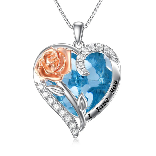 Christmas Gifts for Women Sterling Silver Rose Flower Pendant Necklaces with Heart Crystal March Birthstone Necklace Pendant Jewelry Girls Christmas Gifts,Created Aquamarine