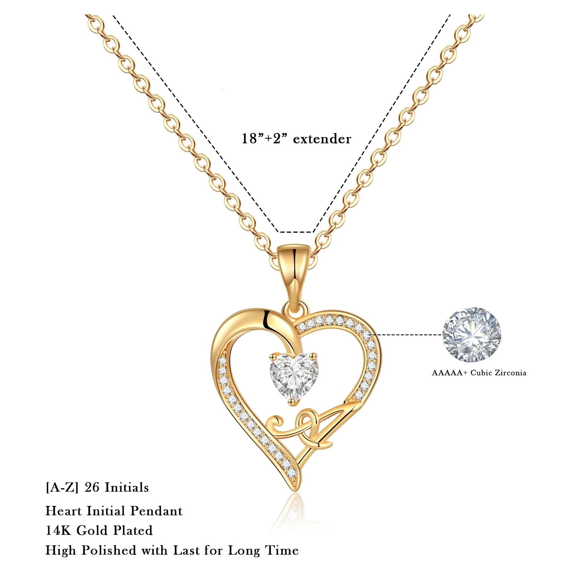 Initial Heart Necklace for Women Girls Cubic Zirconia 14K Gold Plated Initial Heart Pendant Necklace