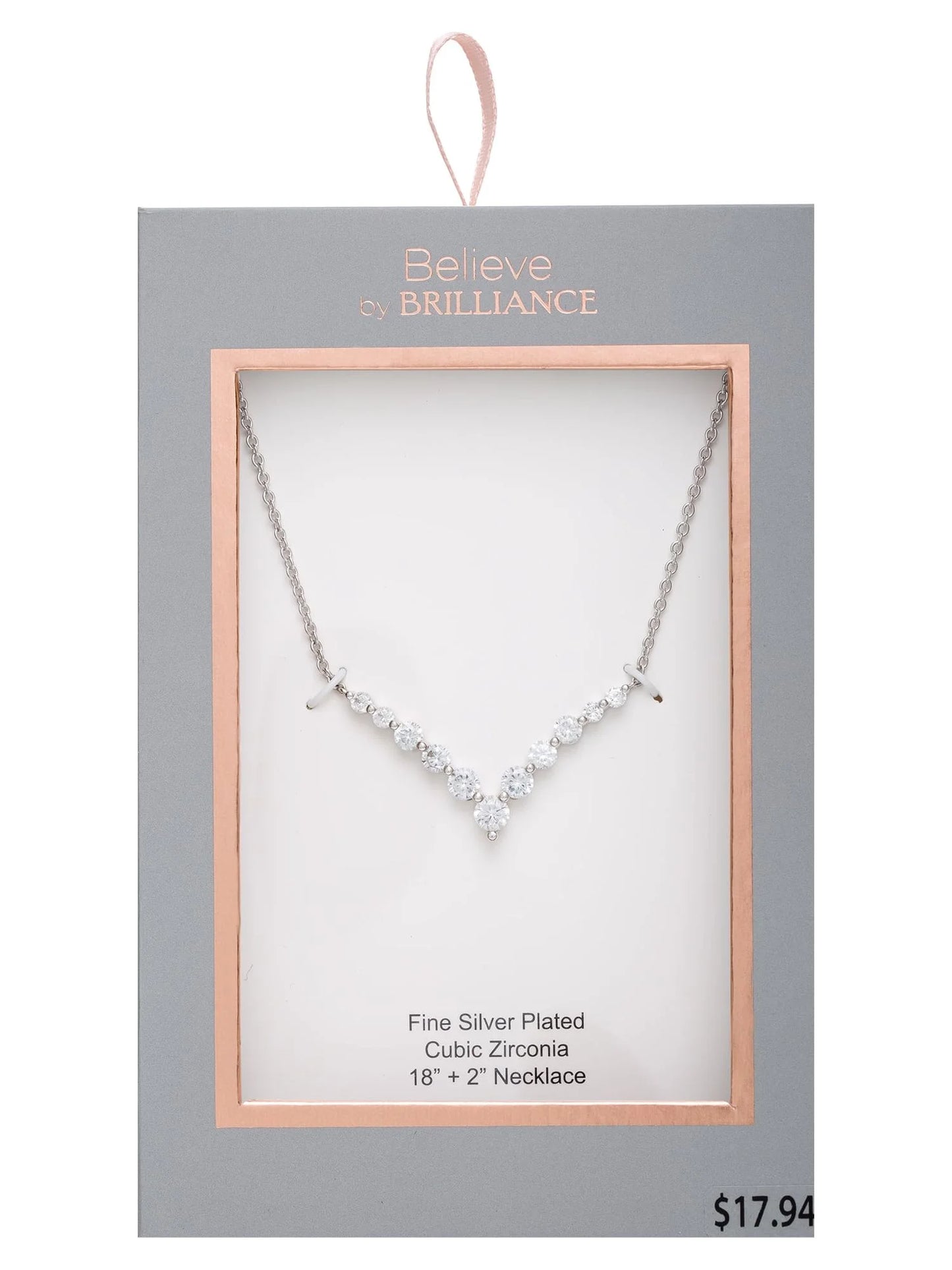 FINE SILVER PLATED CUBIC ZIRCONIA V SHAPE NECKLACE, 18" + 2"