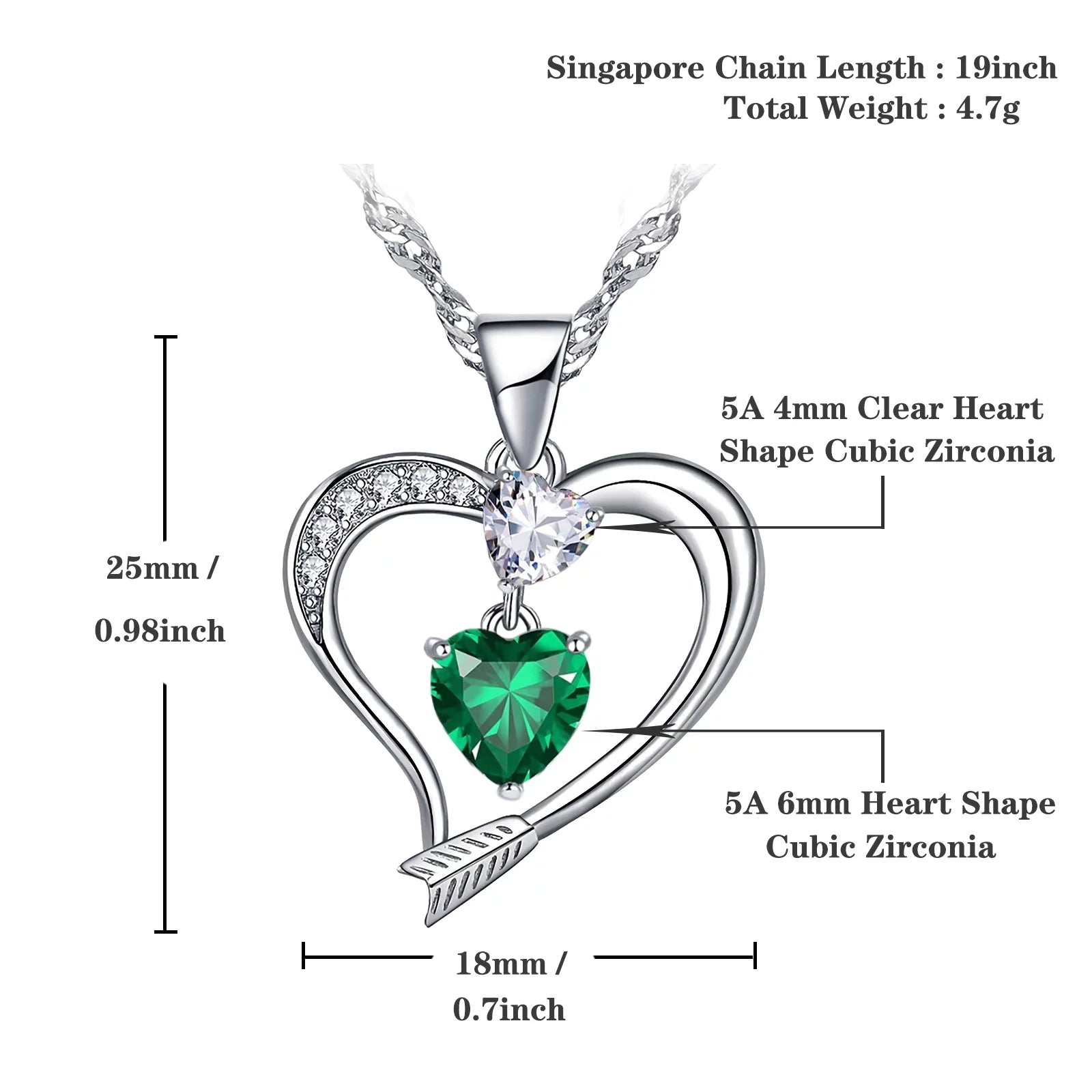 18K White Gold Plated Love Arrow Birthstone Pendant Necklace Women Jewelry