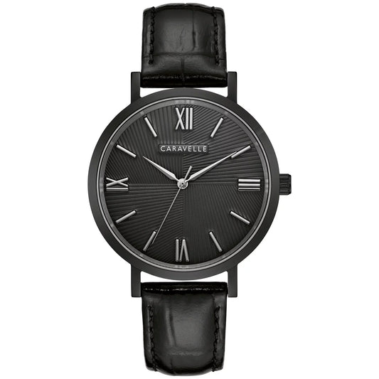 Caravelle by  Men'S Black Leather Strap Watch 45A148