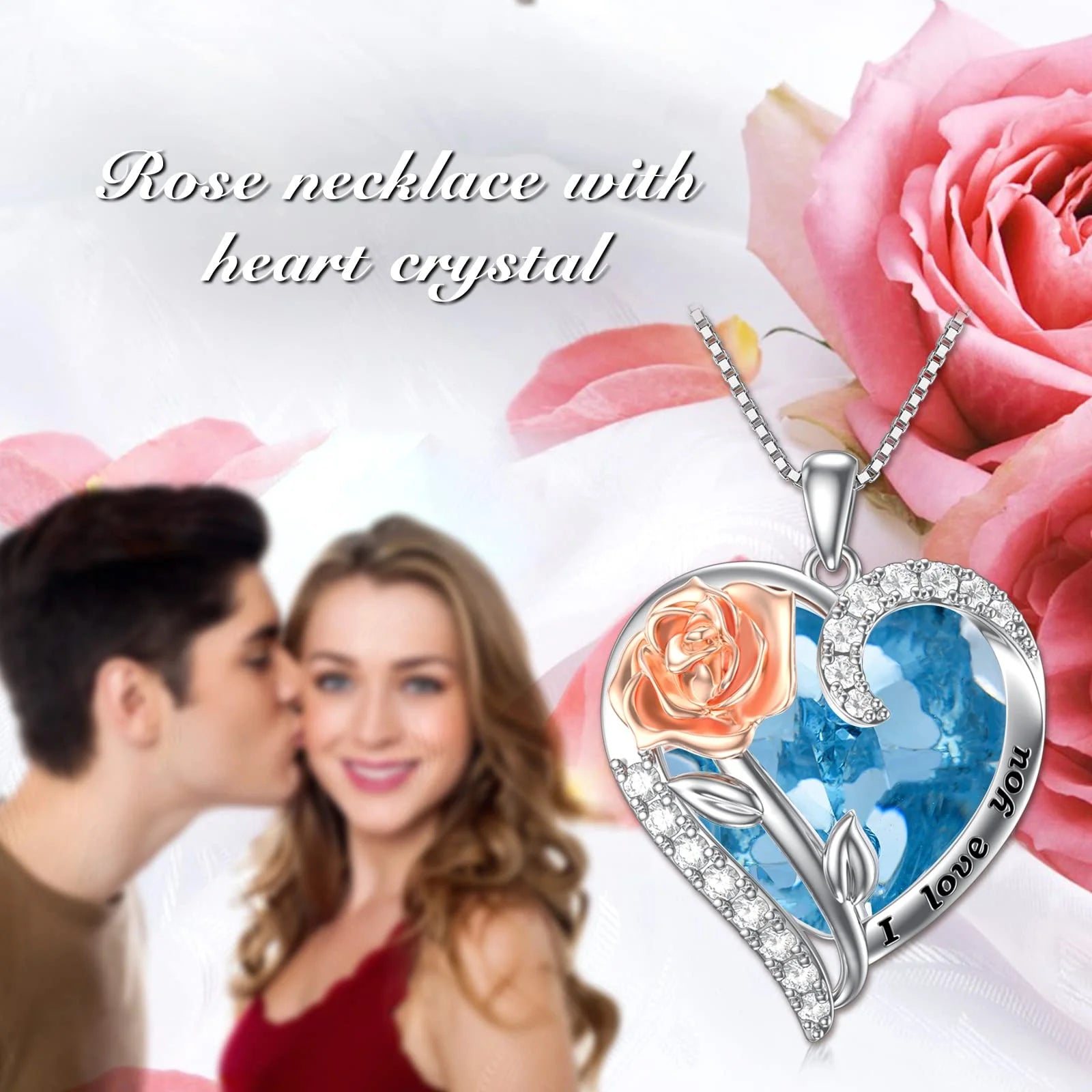 Christmas Gifts for Women Sterling Silver Rose Flower Pendant Necklaces with Heart Crystal March Birthstone Necklace Pendant Jewelry Girls Christmas Gifts,Created Aquamarine