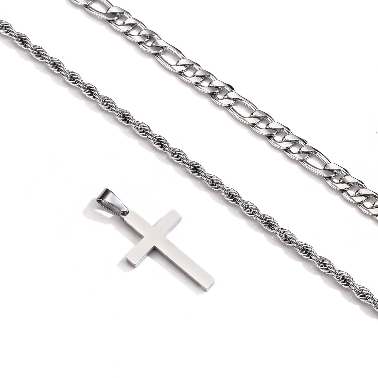 Layered Silver Cross Necklace for Men Boys Stainless Steel Layered Figaro Twist Rope Chains Cross Pendant Necklaces Set Christian Religious Gifts