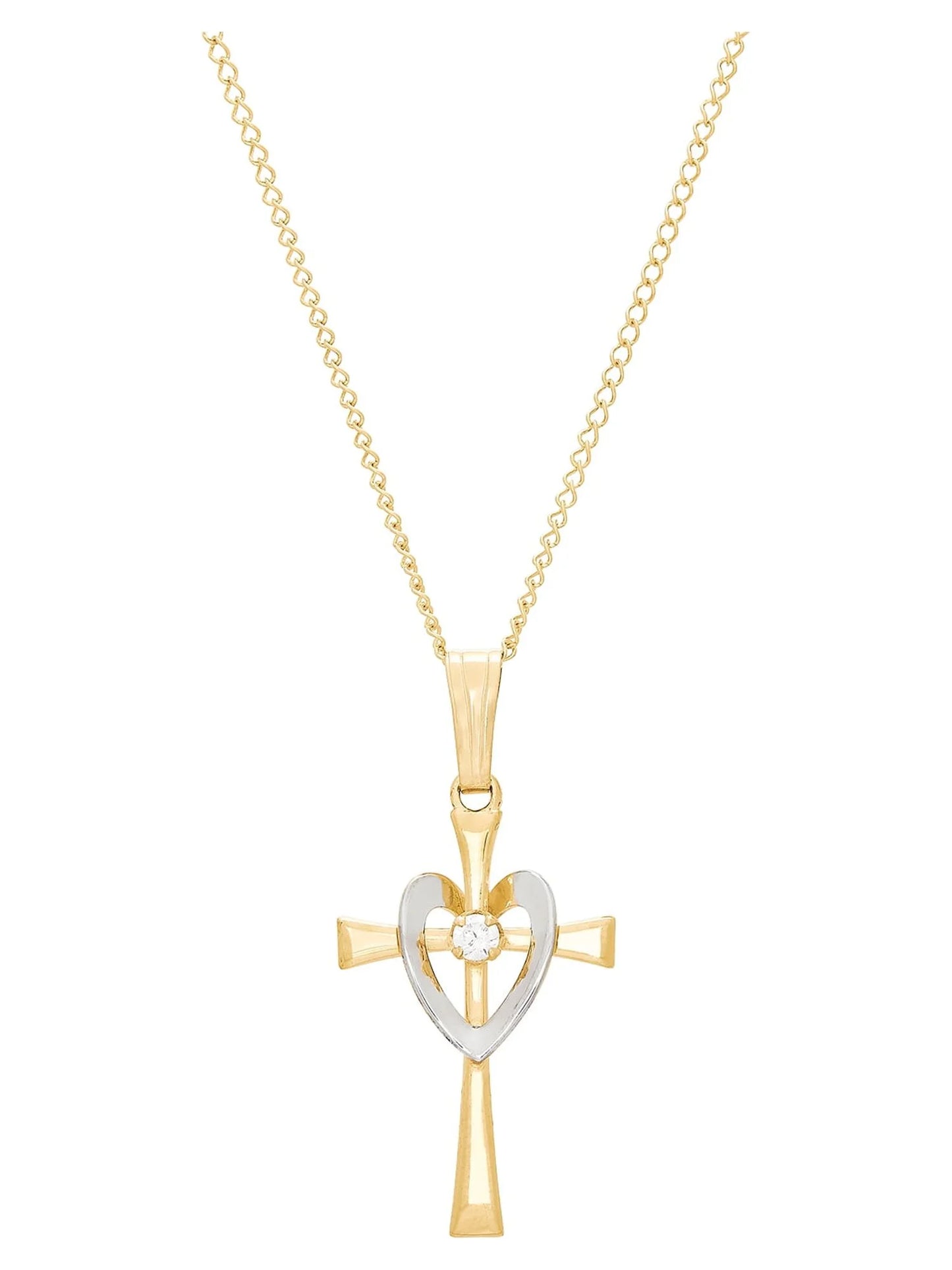 Cubic Zirconia Cross with Heart Pendant in Gold-Filled,18"