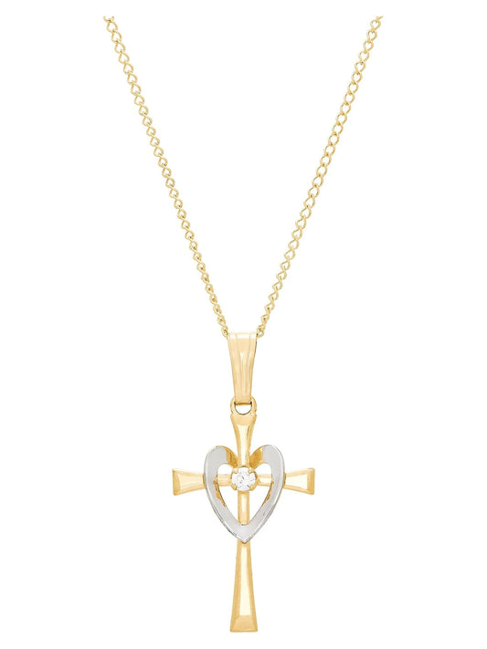 Cubic Zirconia Cross with Heart Pendant in Gold-Filled,18"