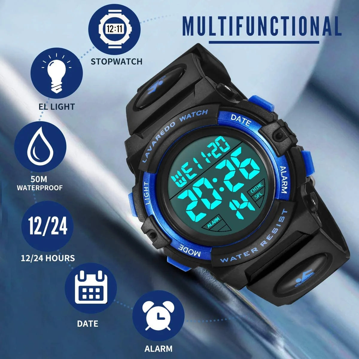 Watches for Kids Boys Girls Digital Outdoor Waterproof Sport LED Light Stopwatch Child Wristwatch Blue