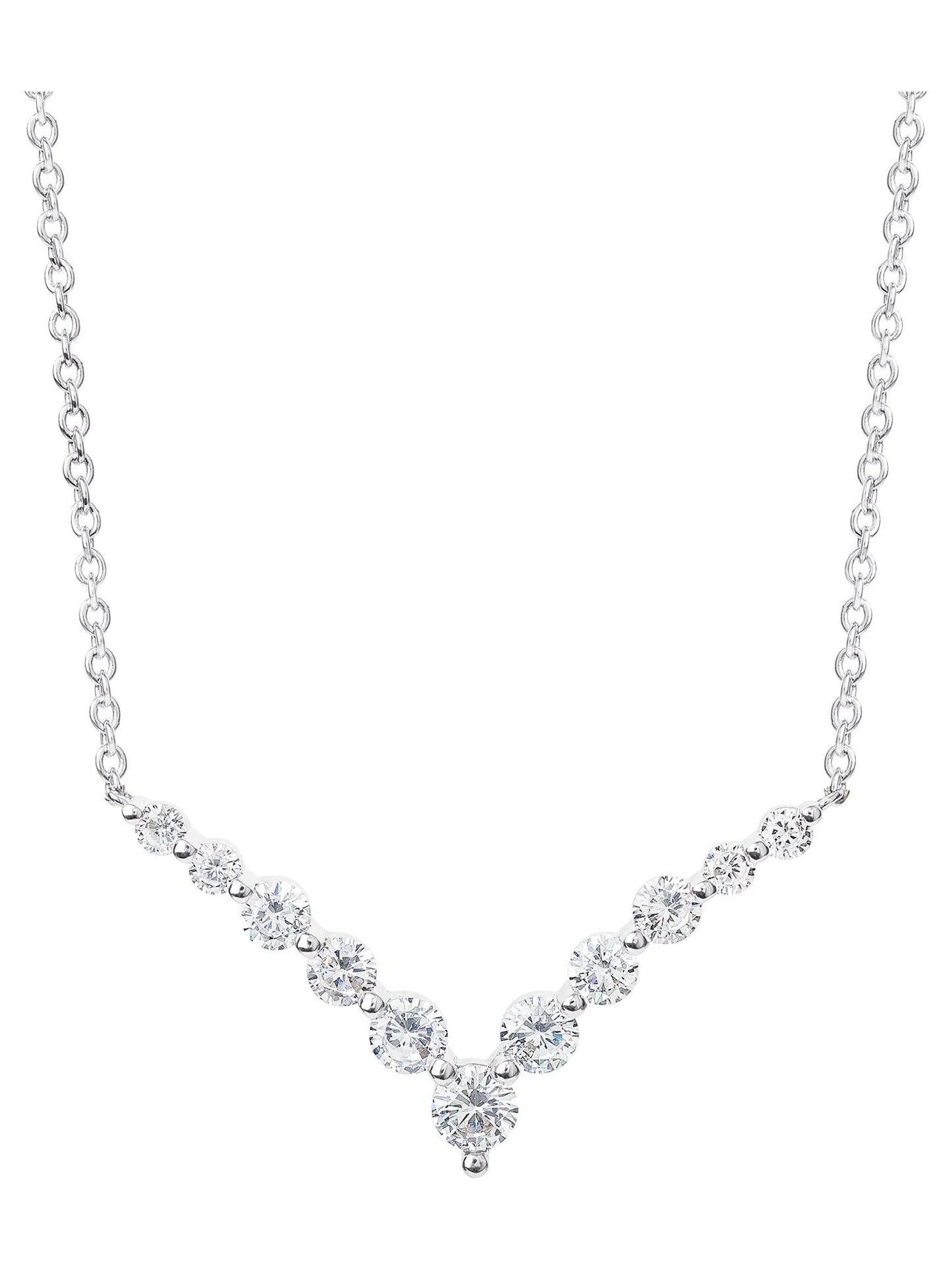 FINE SILVER PLATED CUBIC ZIRCONIA V SHAPE NECKLACE, 18" + 2"