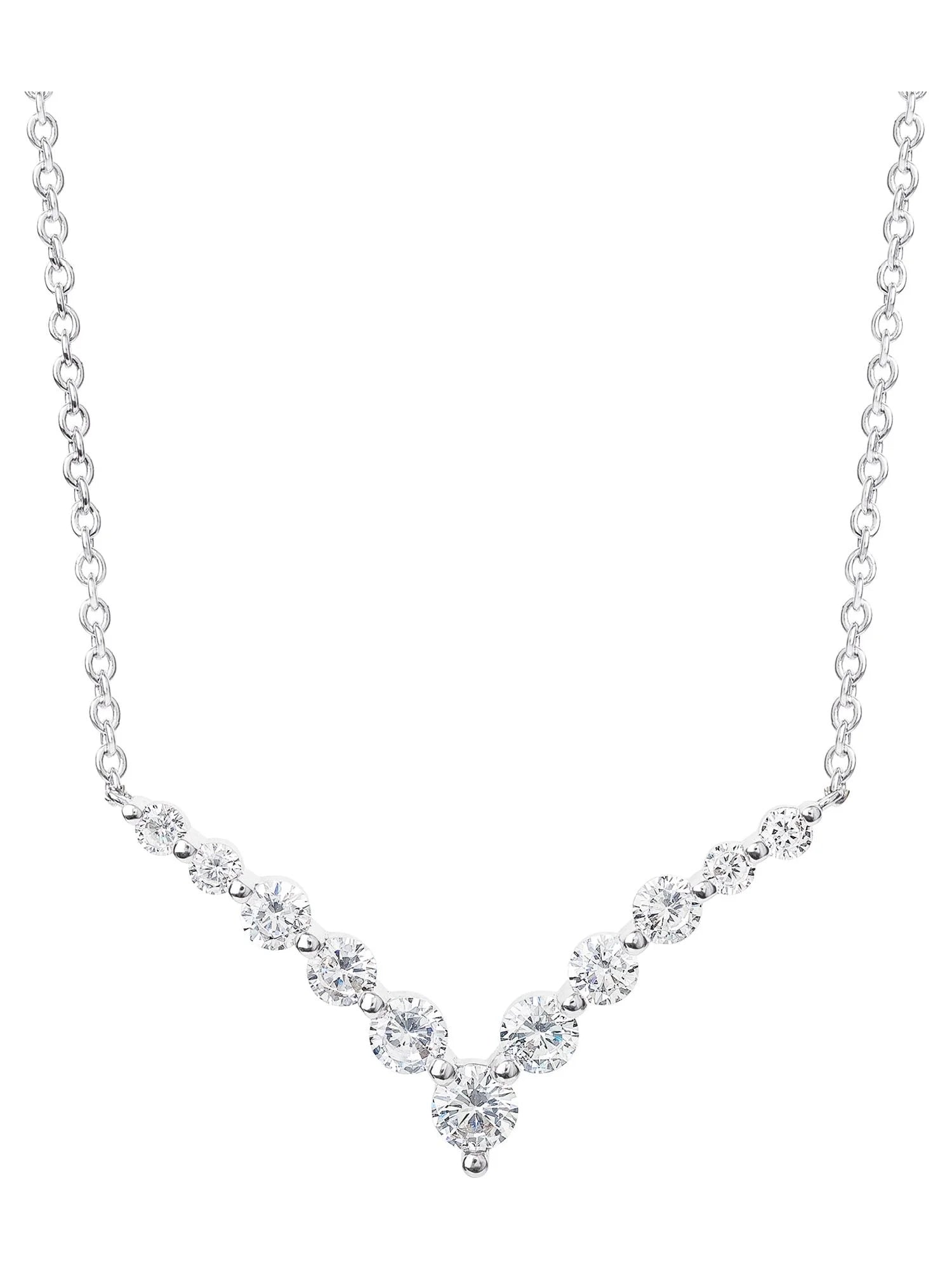 FINE SILVER PLATED CUBIC ZIRCONIA V SHAPE NECKLACE, 18" + 2"