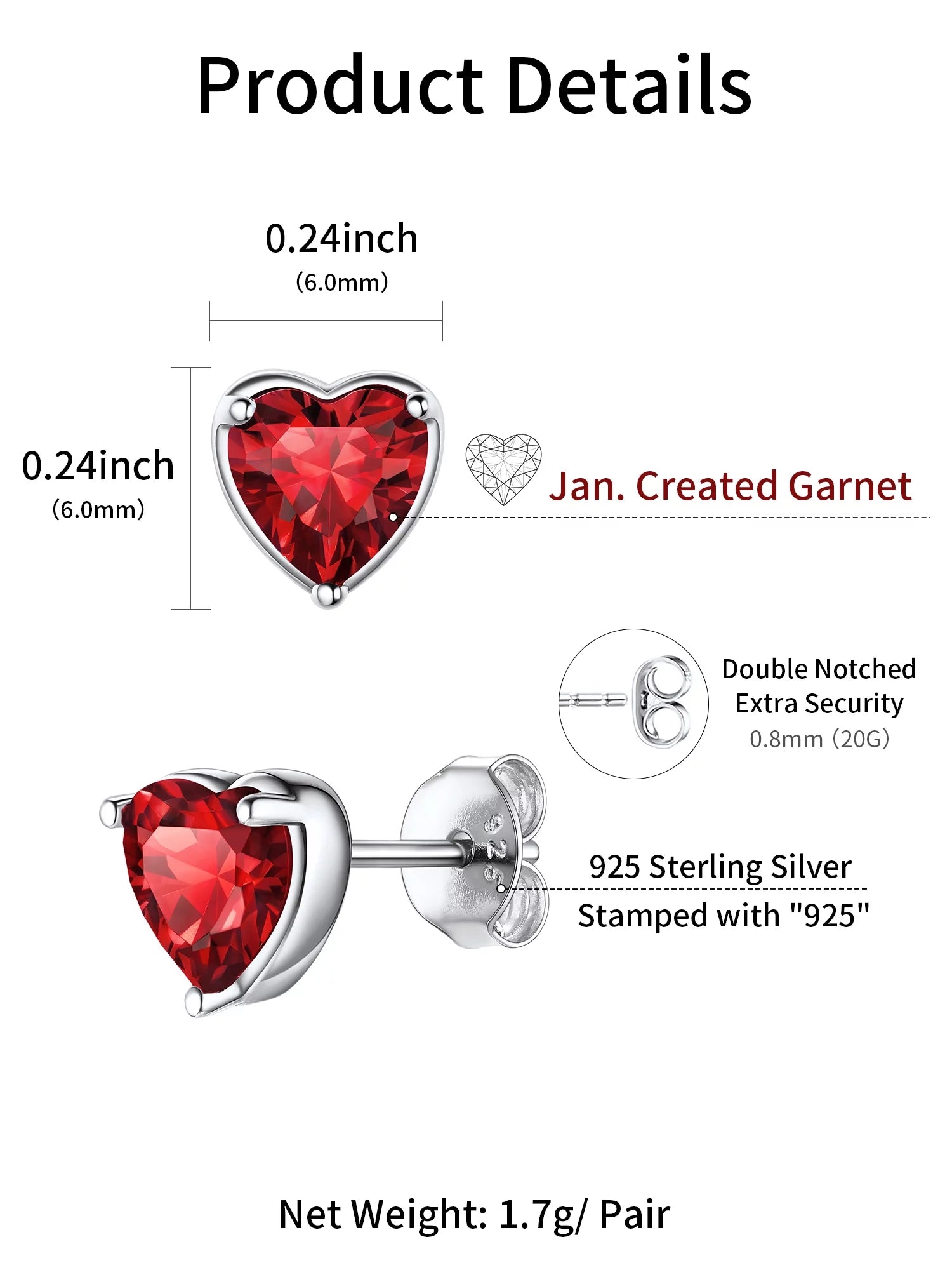 January Red Garnet Birthstone Heart Stud Earrings for Women Girls 925 Sterling Silver Jewelry Birthday Gift for Her