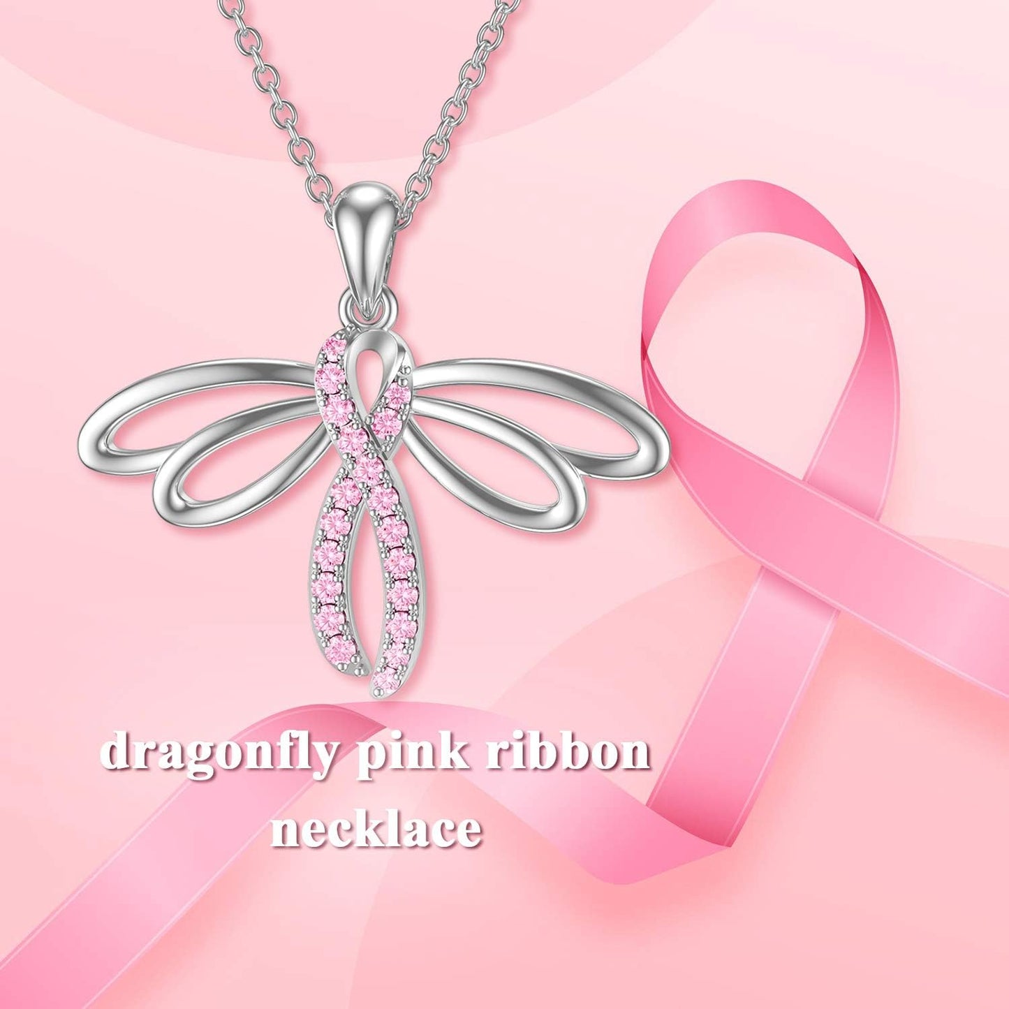 925 Sterling Silver Breast Cancer Awareness Necklace Butterfly/Dragonfly/Cross Pendant Necklace Pink Ribbon Necklace Breast Cancer Survivor Gifts for Women