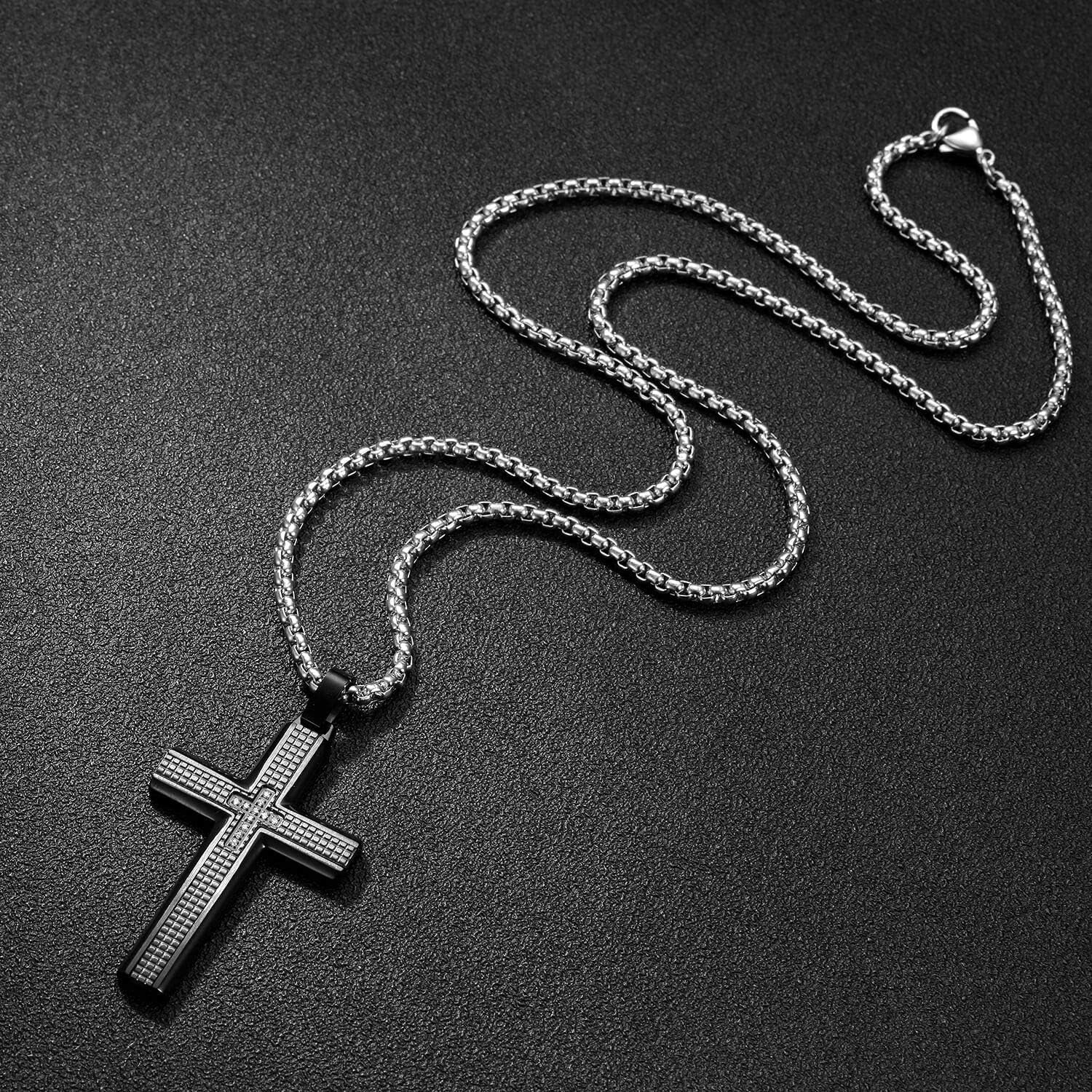 Men'S Stainless Steel Cross Necklace,Two-Tone Black & Blue Carbon Fiber Pendant - Included Gift Box