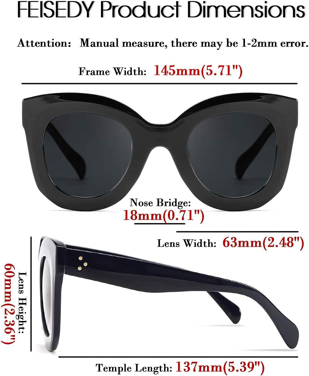 Retro Oversized Square Horn Sunglasses Semi Cat Eye Butterfly Glass Big Thick Bold Frame B2572