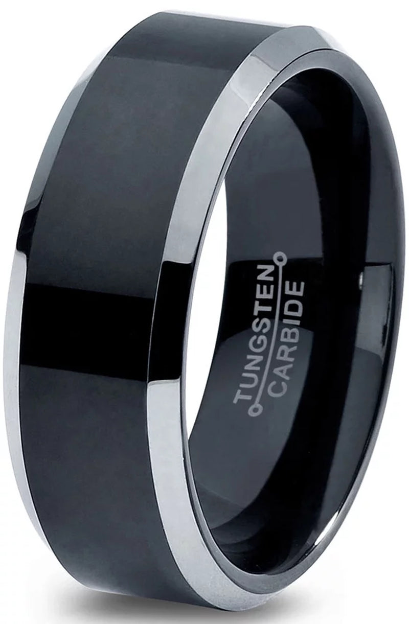 Tungsten Wedding Band Ring 8Mm for Men Women Comfort Fit Black Beveled Edge Polished Brushed Lifetime Guarantee Size 4