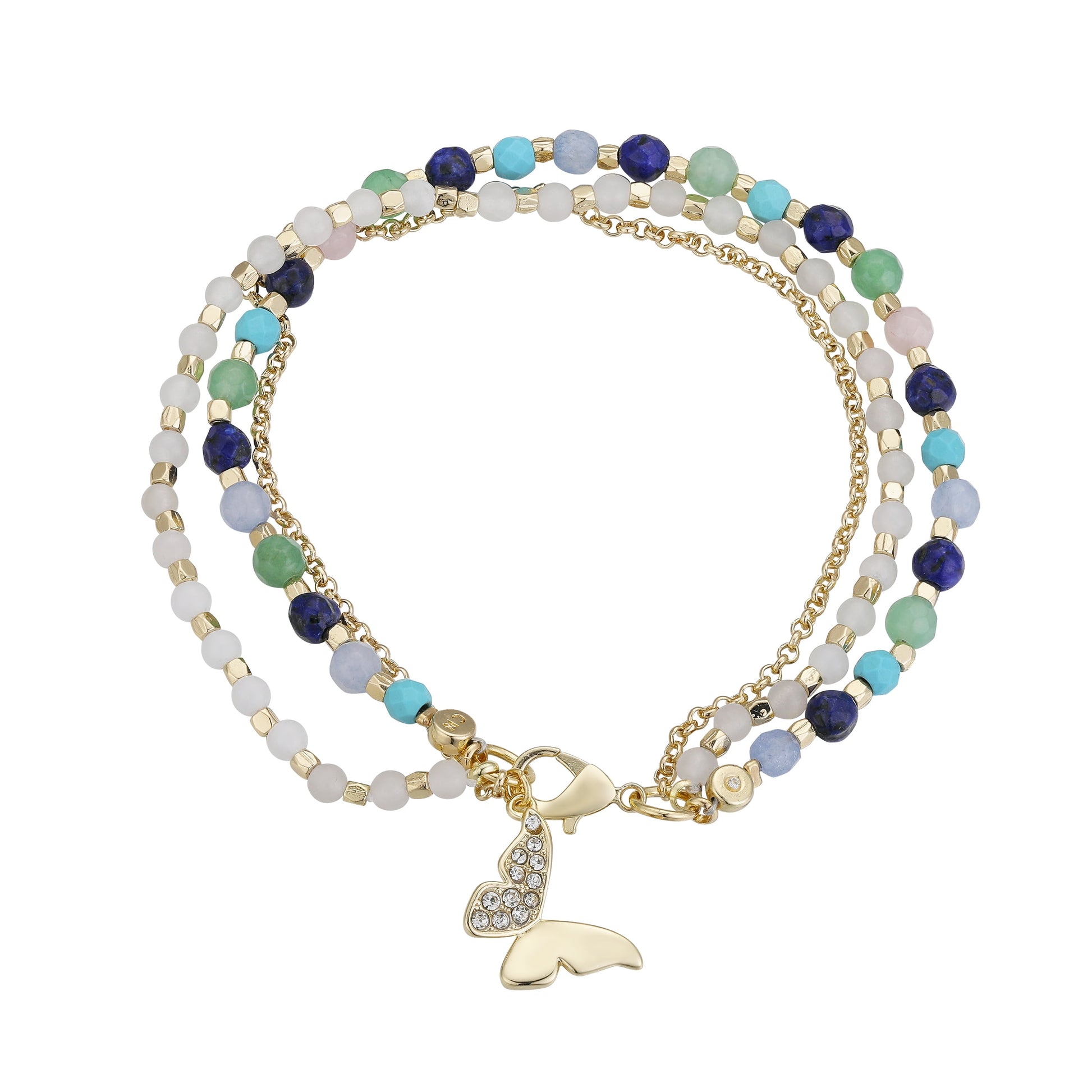 Women'S Genuine Stone and Crystal Butterfly Layered Bracelet in 14Kt Gold Flash Plated Brass, 7.5"